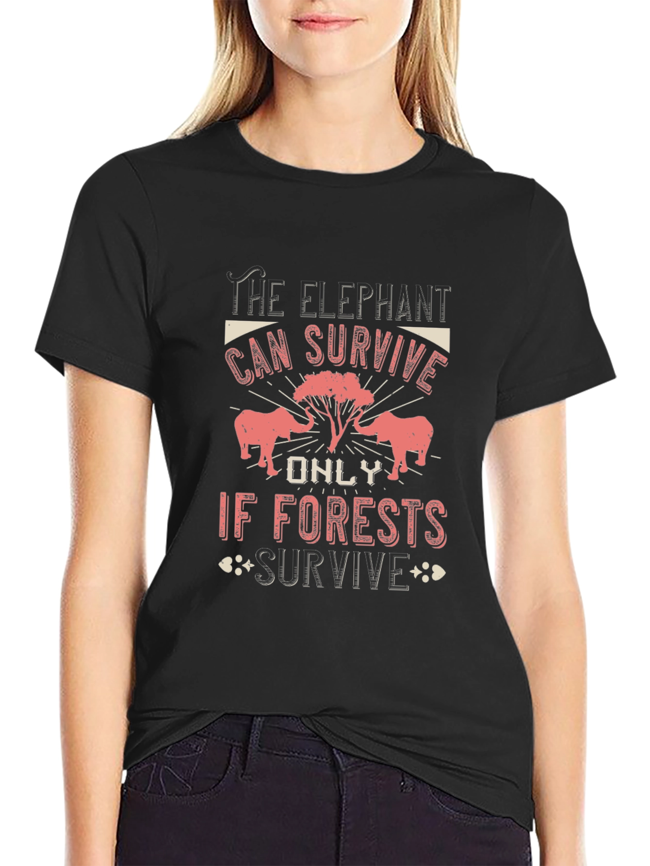 Camiseta Negra con Diseño de Elefantes y Bosque