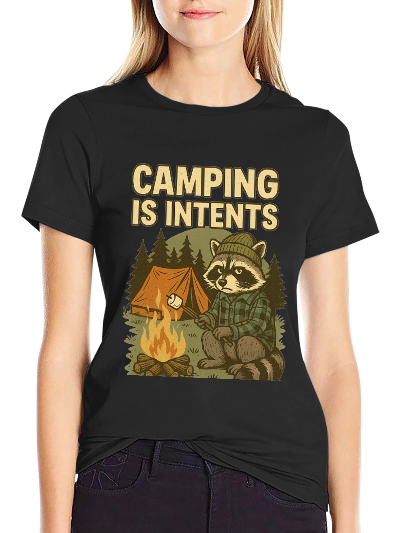 Camiseta Negra Camping Is Intents con Diseño de Mapache