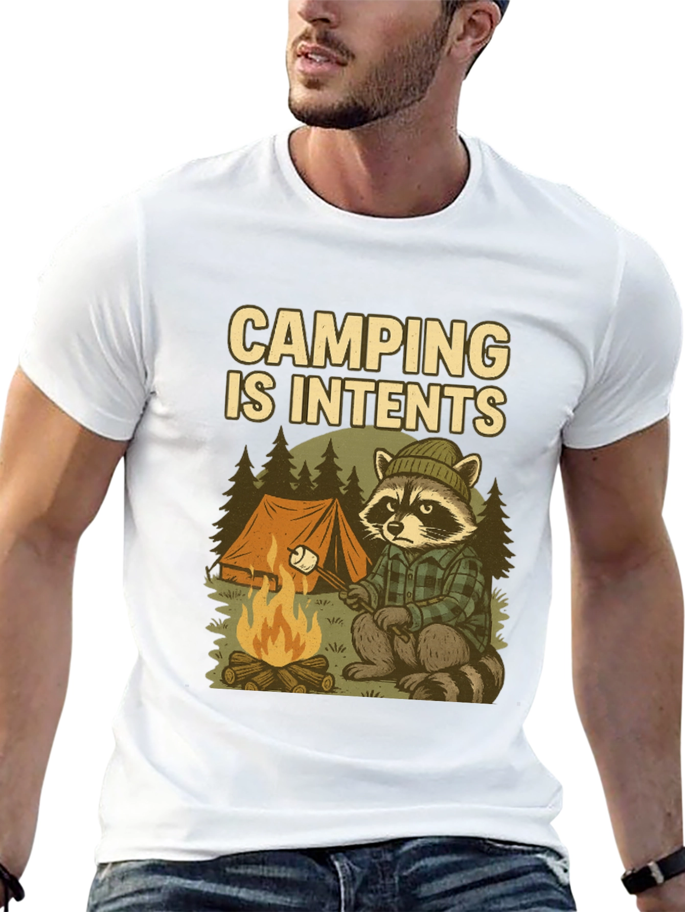 Camiseta Negra Camping Is Intents con Diseño de Mapache