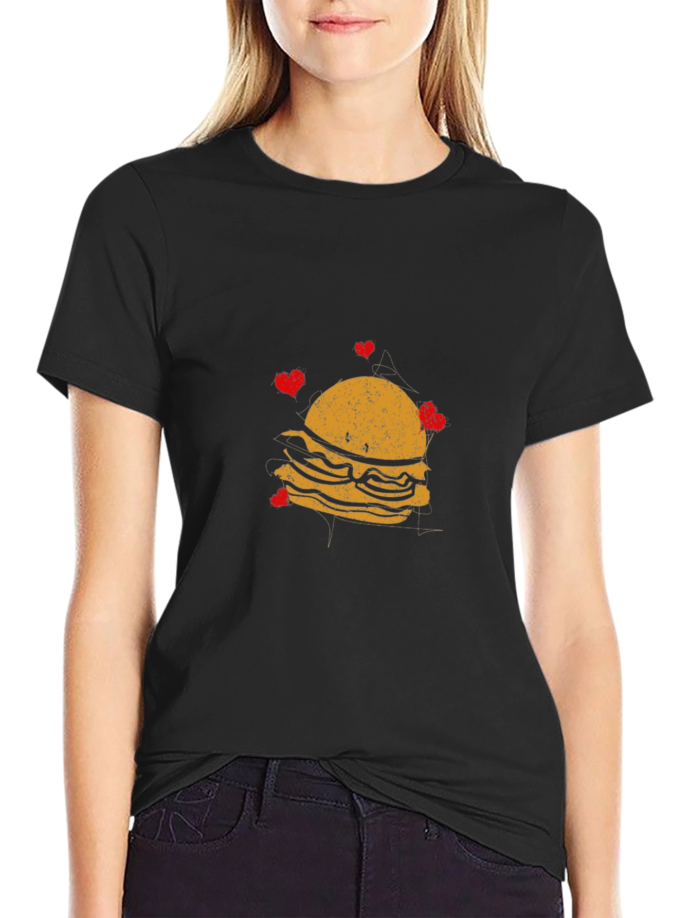 Camiseta Negra con Diseño de Hamburguesa y Corazones