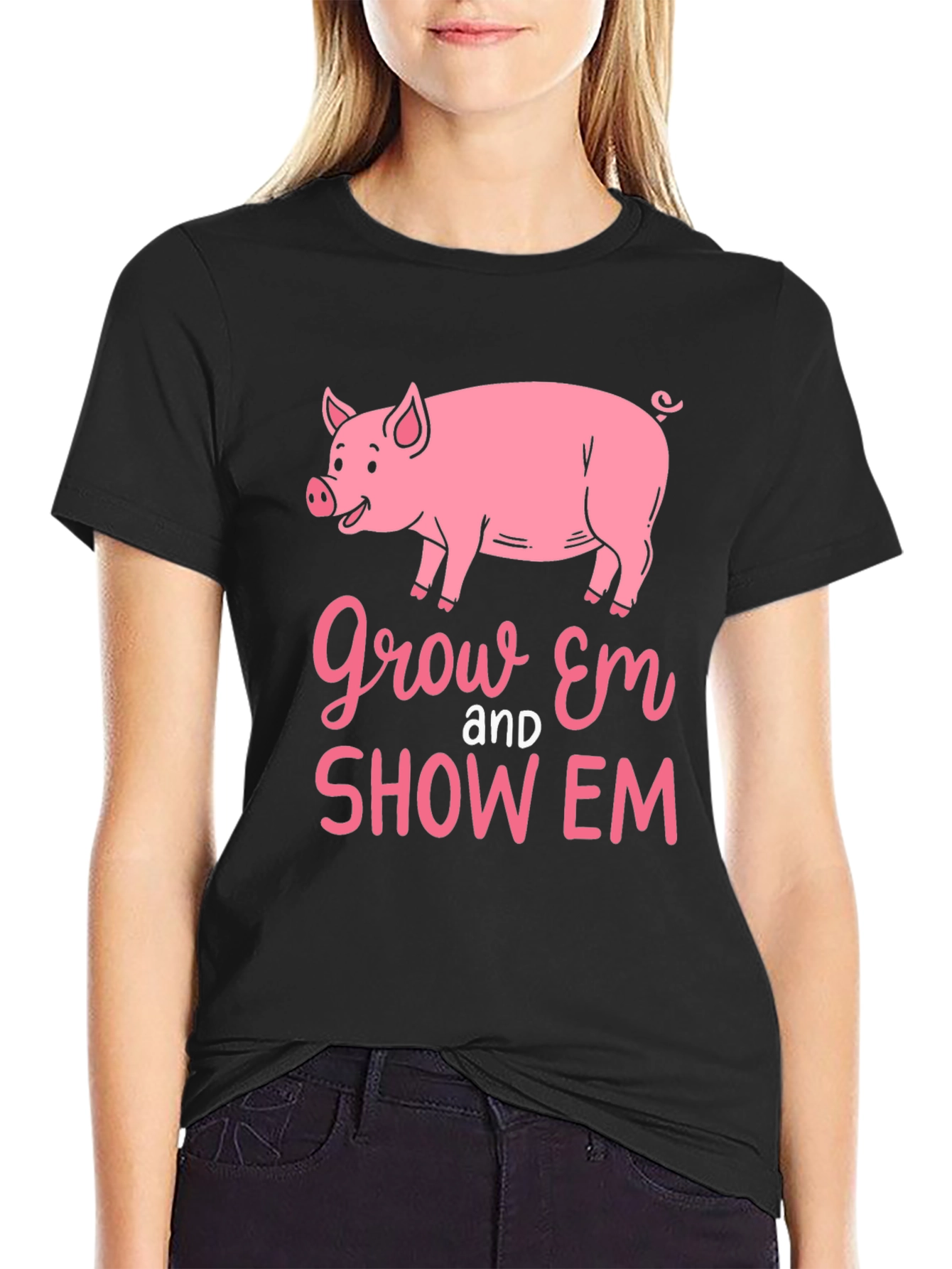Camiseta Negra con Diseño de Cerdo Grow Em and Show Em