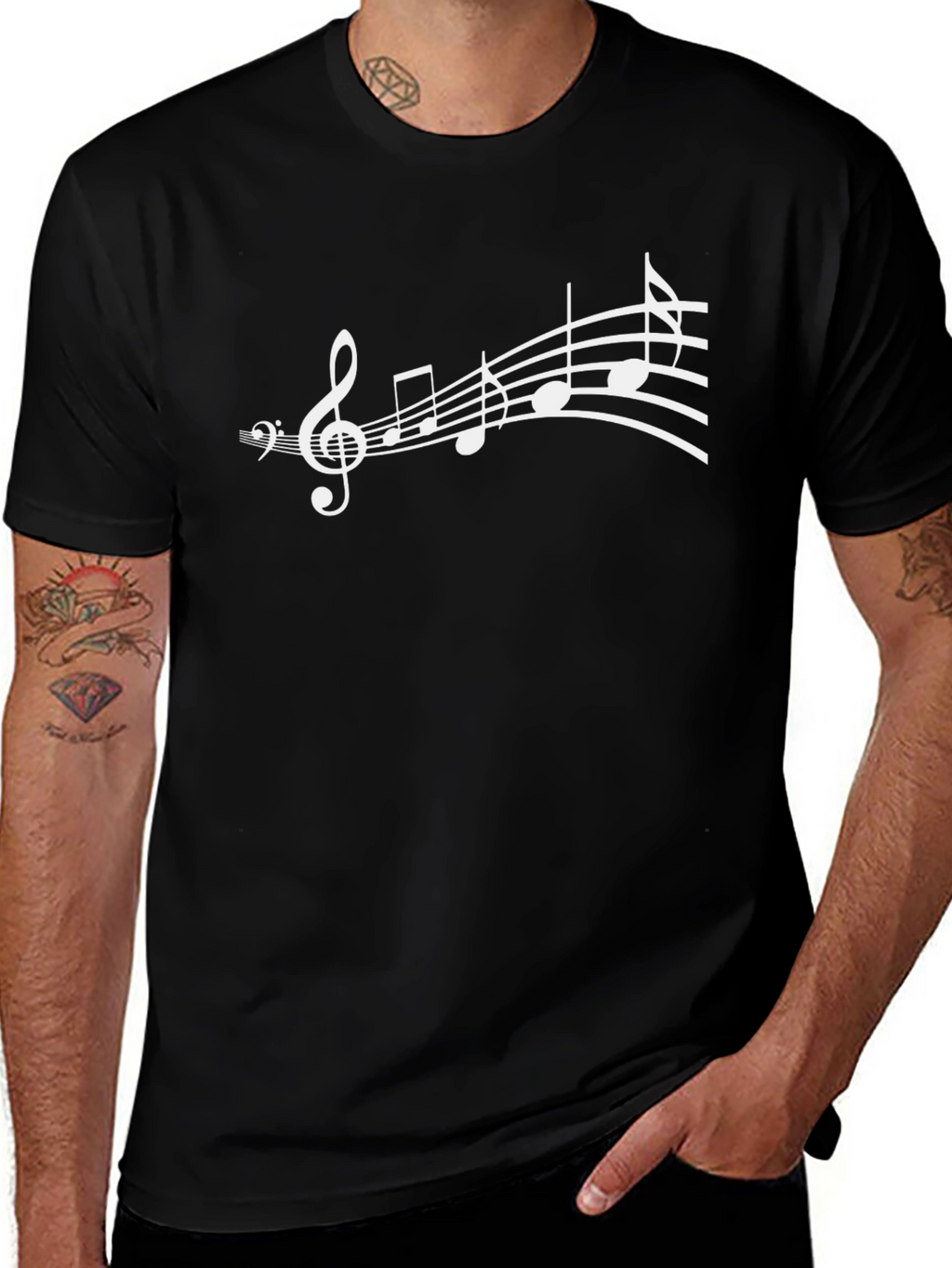 Camiseta Negra con Diseño de Notas Musicales