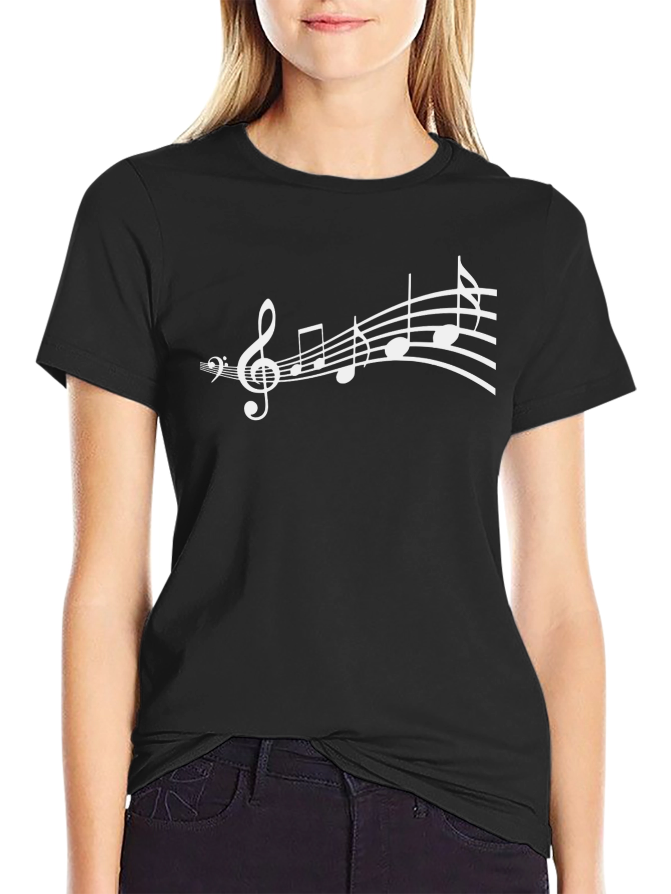 Camiseta Negra con Diseño de Notas Musicales