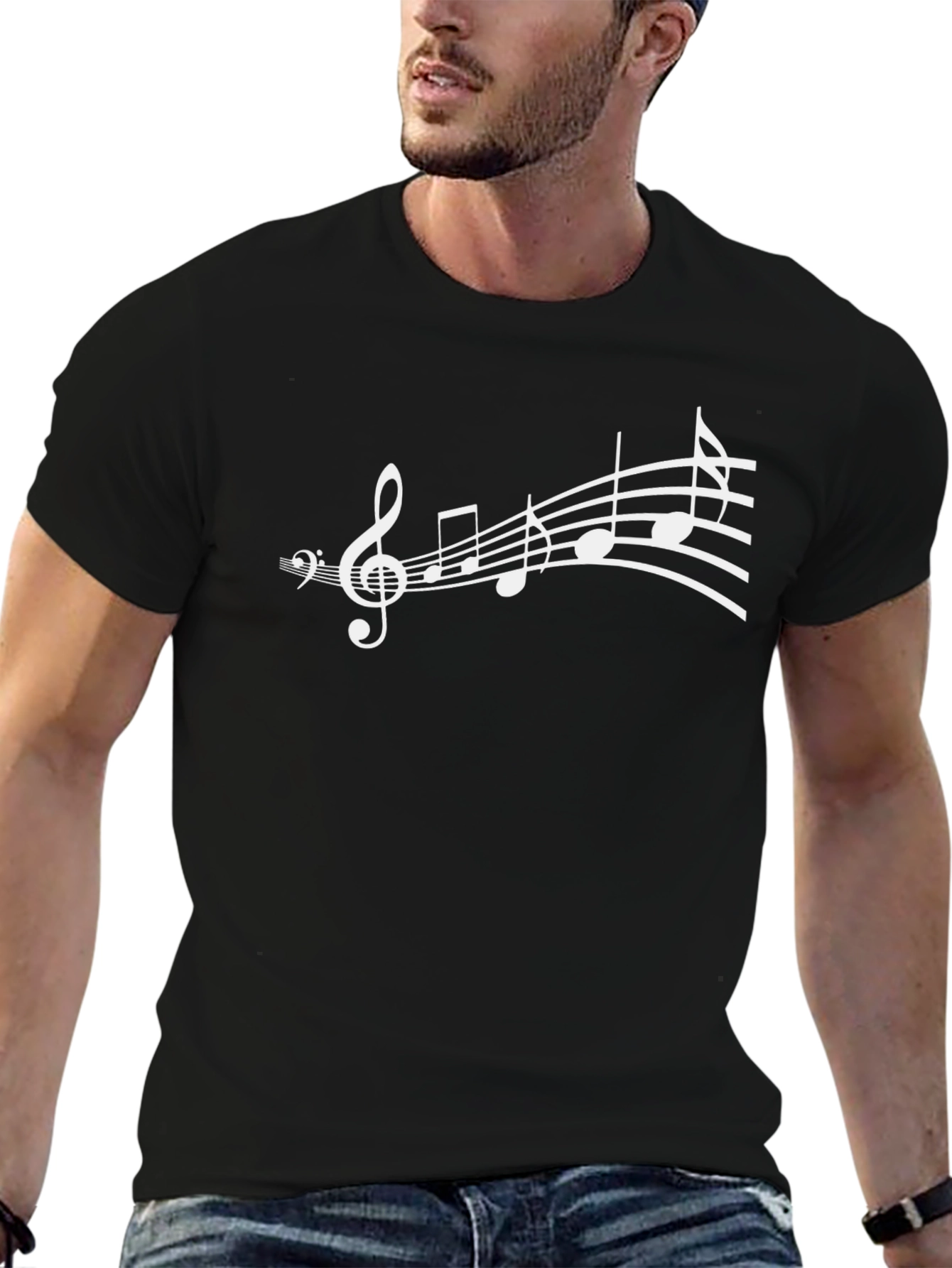 Camiseta Negra con Diseño de Notas Musicales