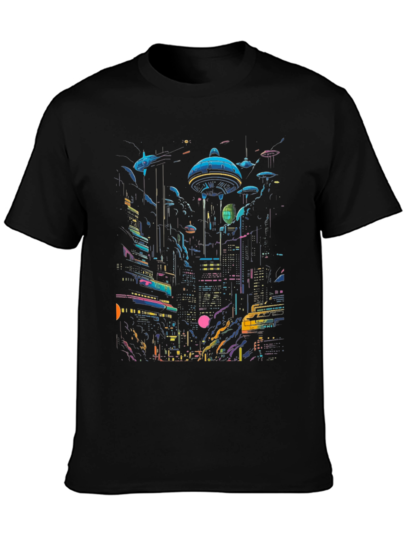 Camiseta Negra con Diseño Ciudad Cyberpunk Futurista