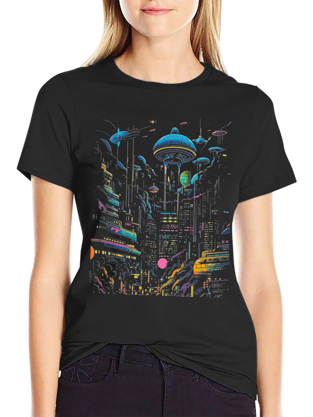 Camiseta Negra con Diseño Ciudad Cyberpunk Futurista