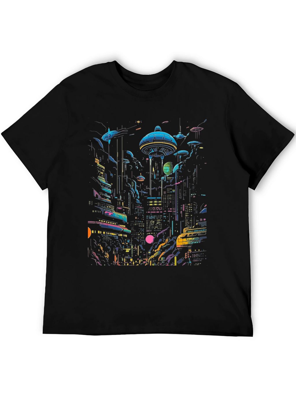 Camiseta Negra con Diseño Ciudad Cyberpunk Futurista