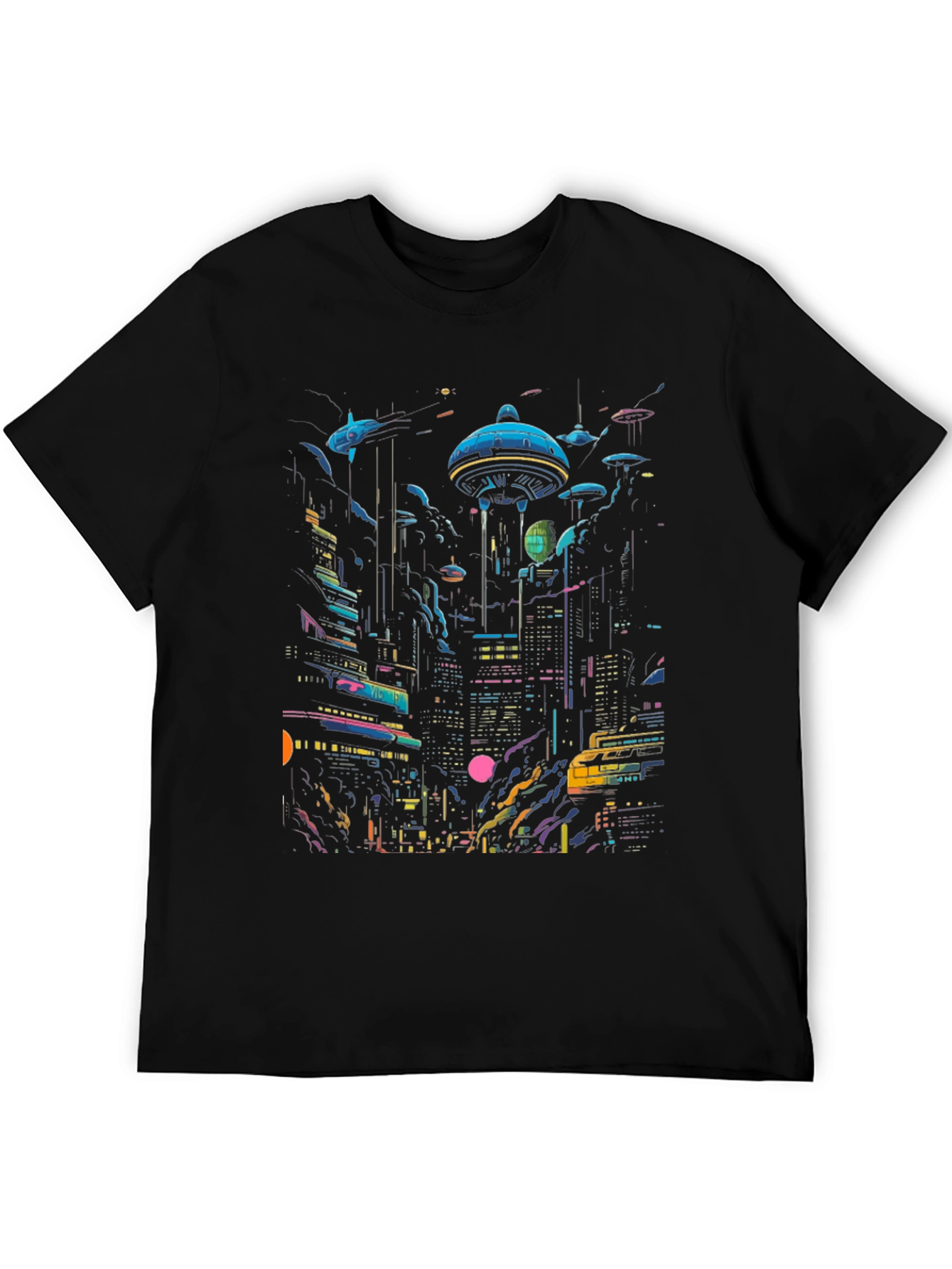Camiseta Negra con Diseño Ciudad Cyberpunk Futurista