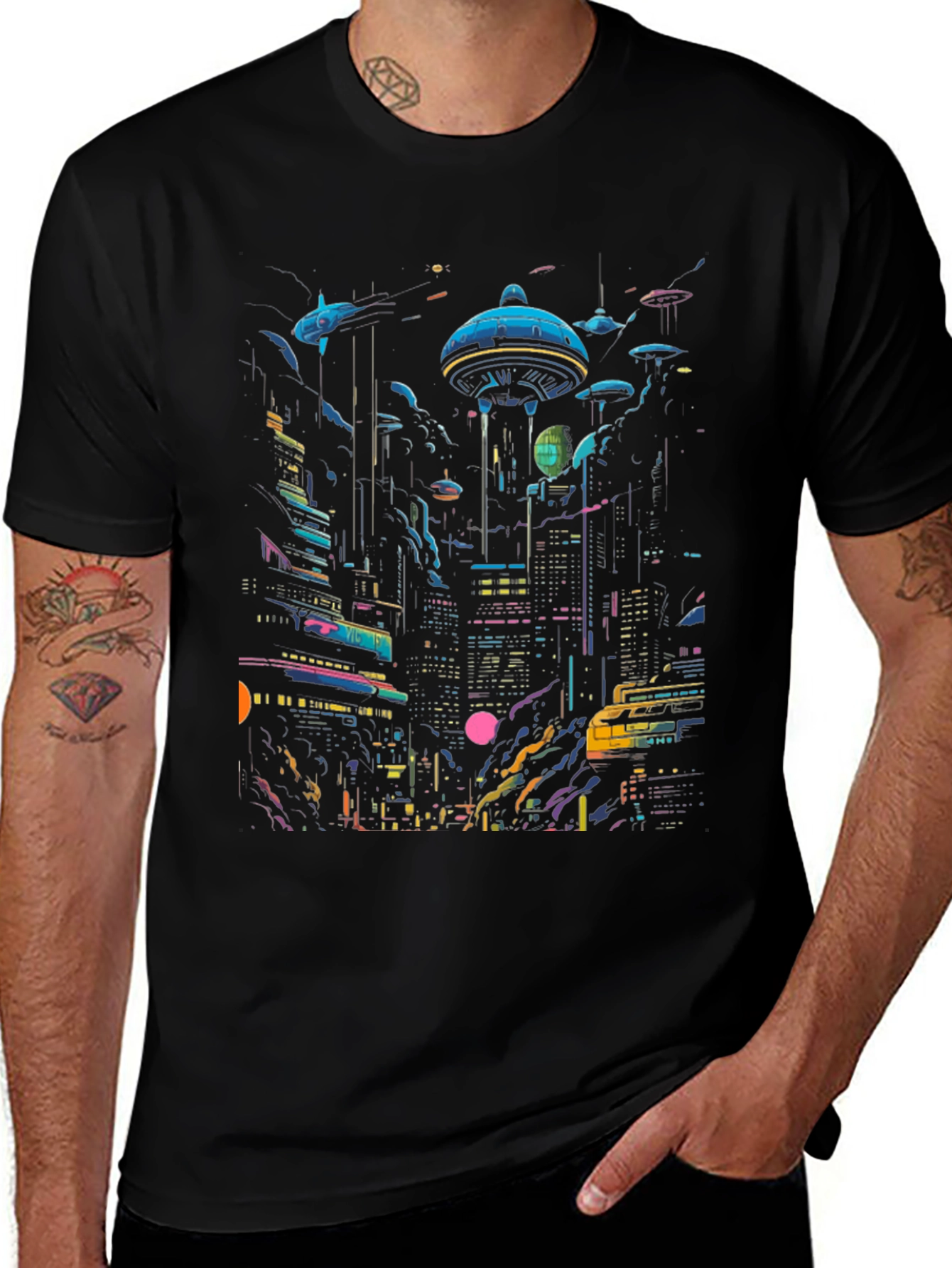 Camiseta Negra con Diseño Ciudad Cyberpunk Futurista