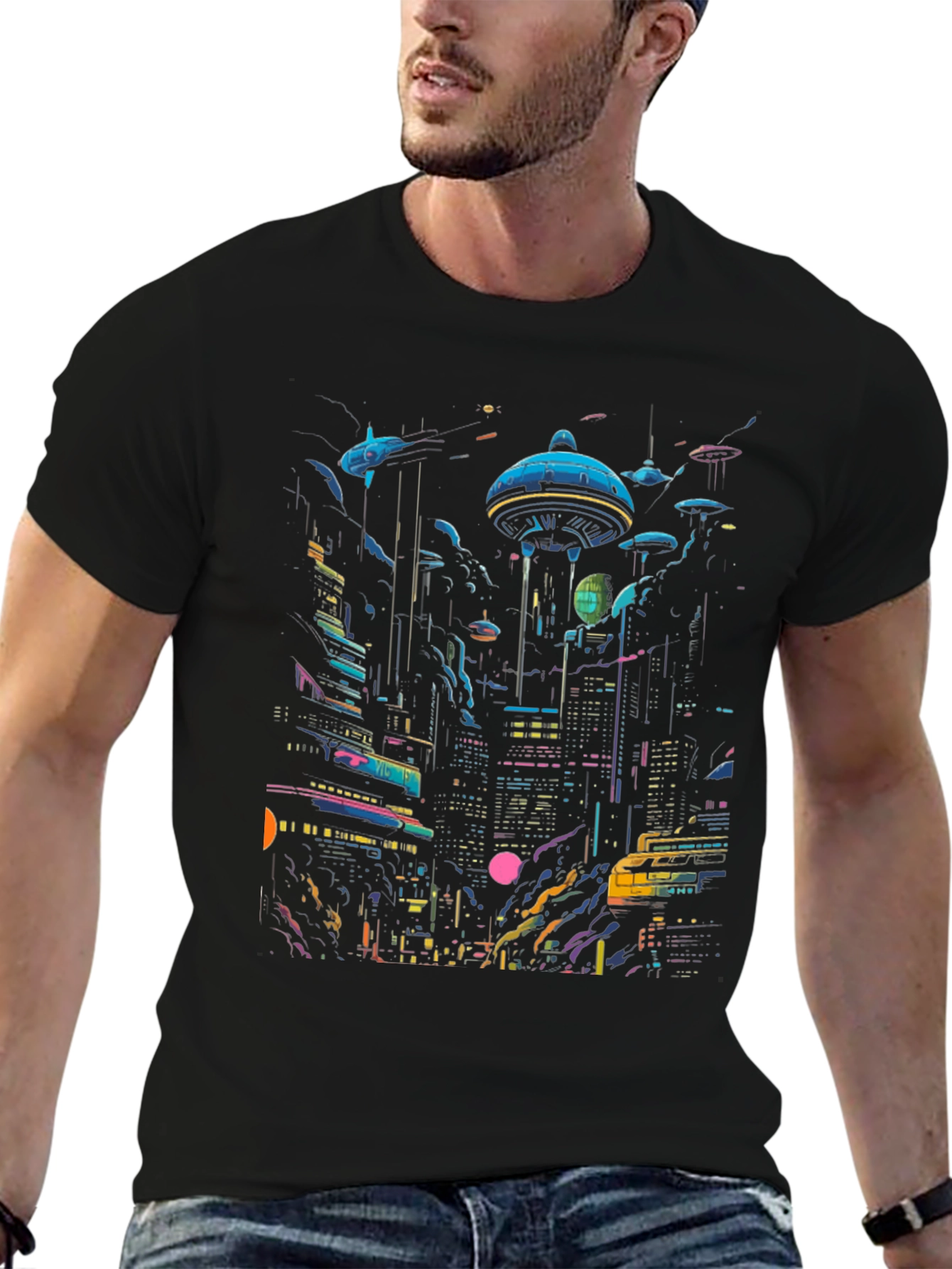Camiseta Negra con Diseño Ciudad Cyberpunk Futurista