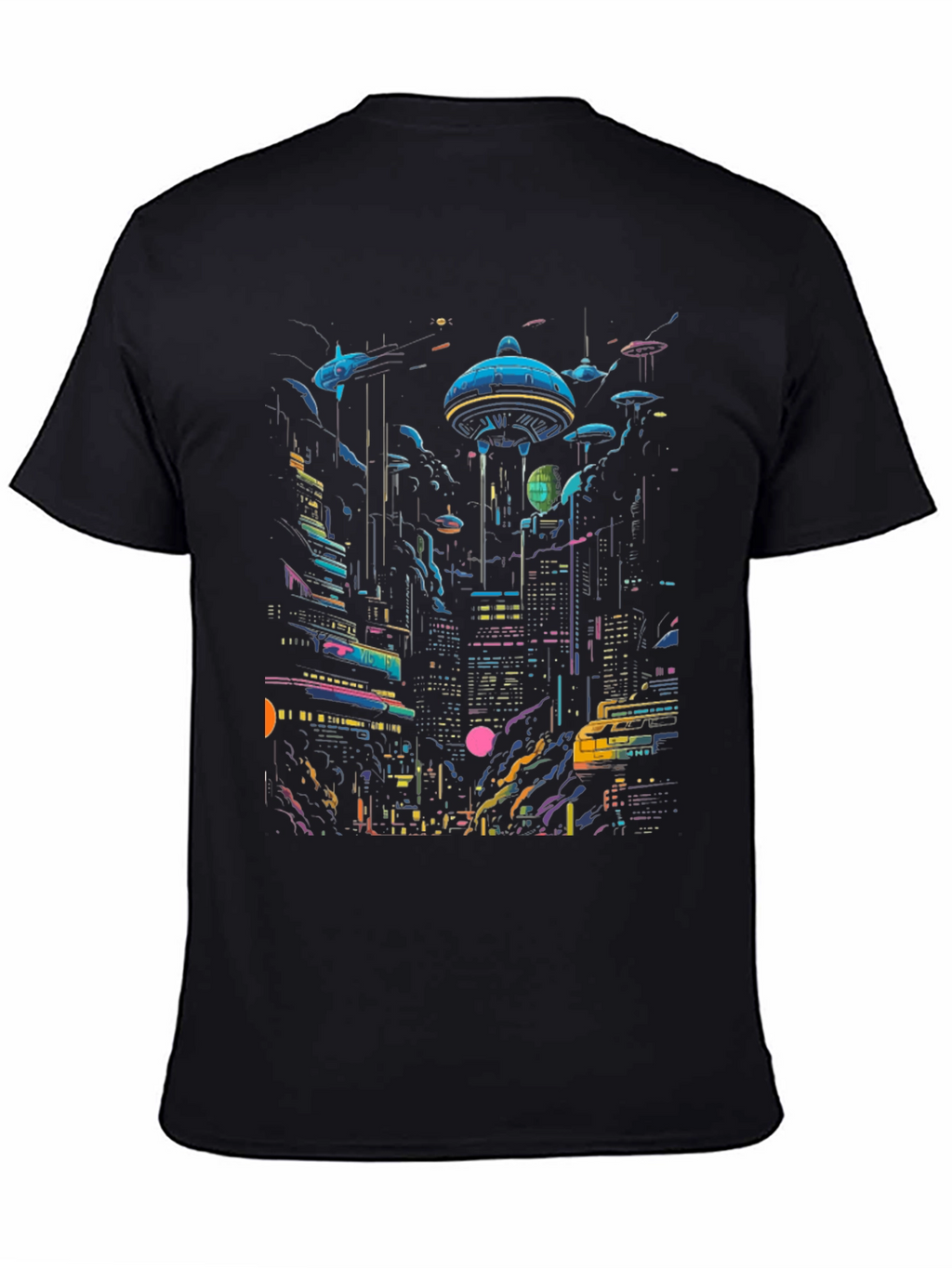 Camiseta Negra con Diseño Ciudad Cyberpunk Futurista