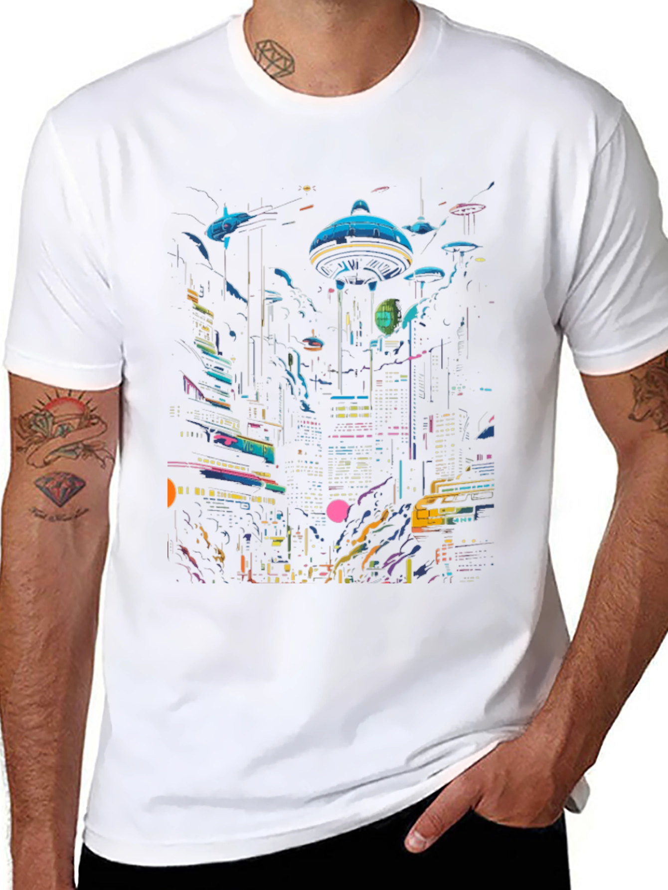 Camiseta Negra con Diseño Ciudad Cyberpunk Futurista