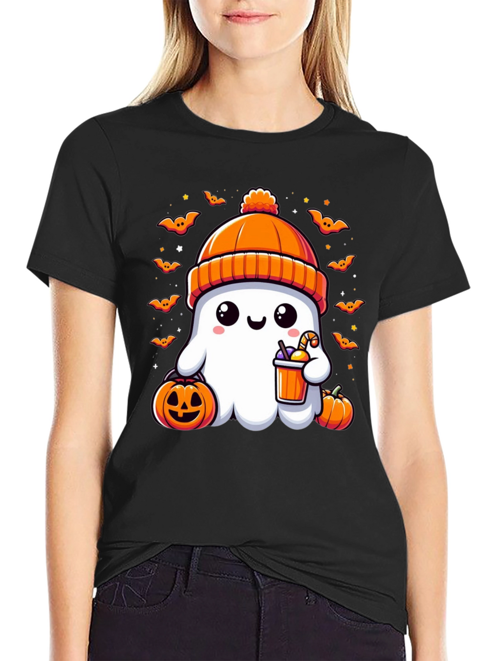 Camiseta Halloween Fantasma con Gorro Naranja