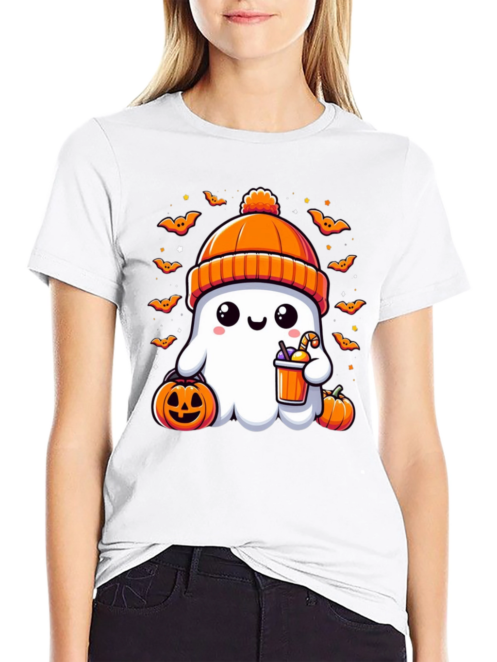 Camiseta Halloween Fantasma con Gorro Naranja