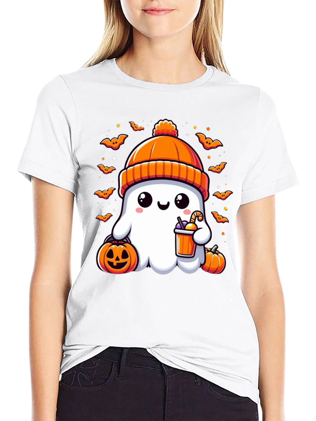 Camiseta Halloween Fantasma con Gorro Naranja