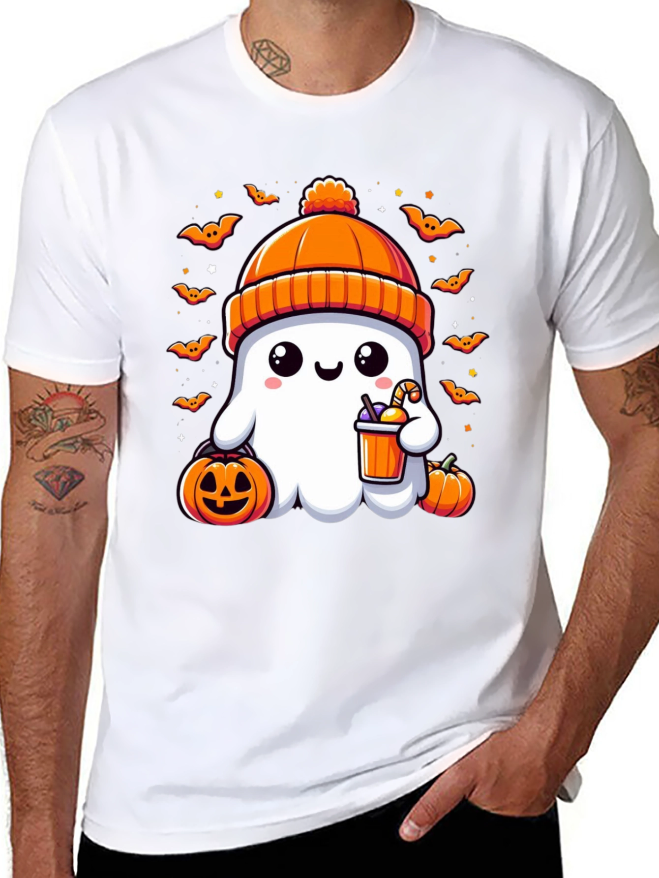 Camiseta Halloween Fantasma con Gorro Naranja