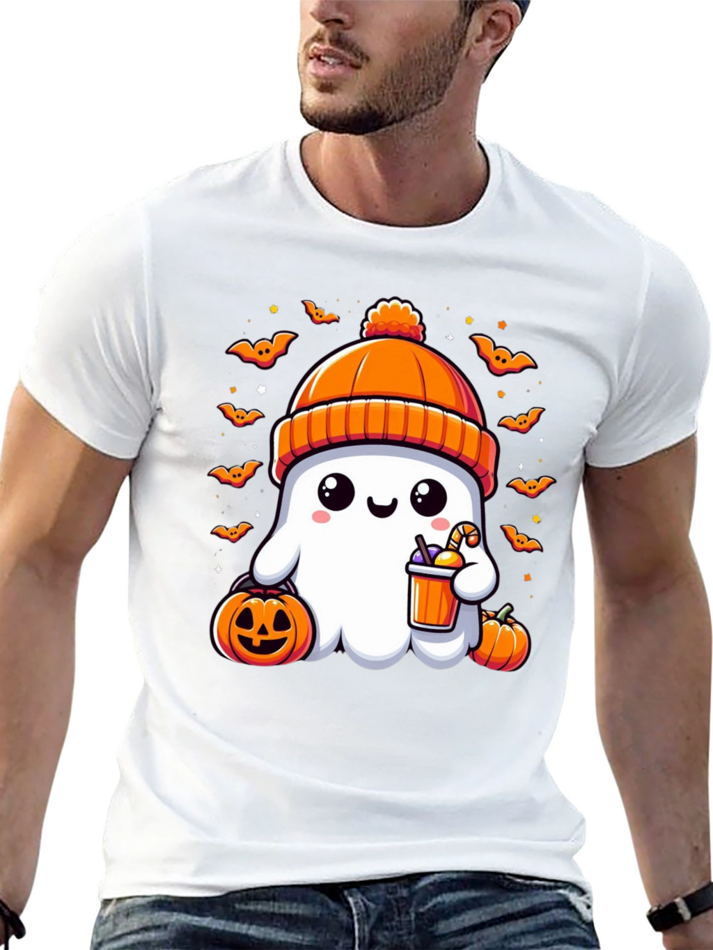 Camiseta Halloween Fantasma con Gorro Naranja