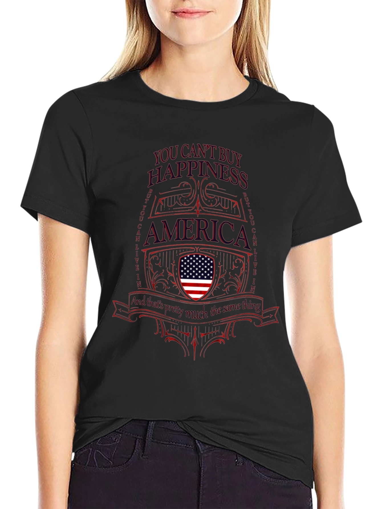 Camiseta Negra América: No Puedes Comprar la Felicidad