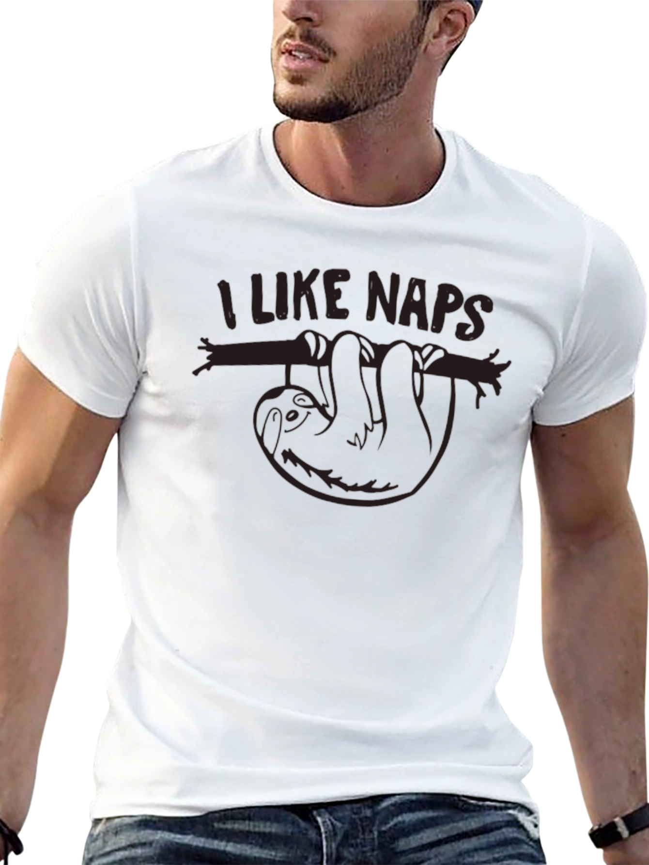 Camiseta Negra con Diseño de Perezoso y la Frase I Like Naps
