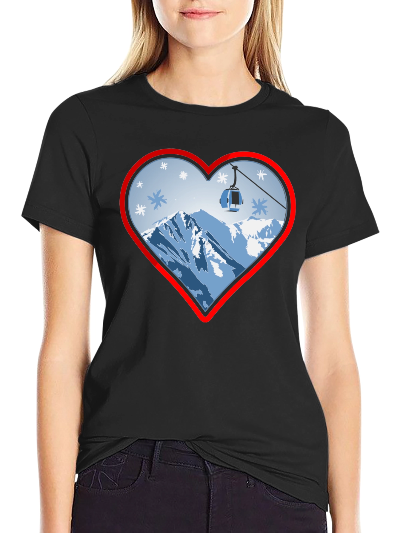 Camiseta Negra con Corazón de Montaña Invernal