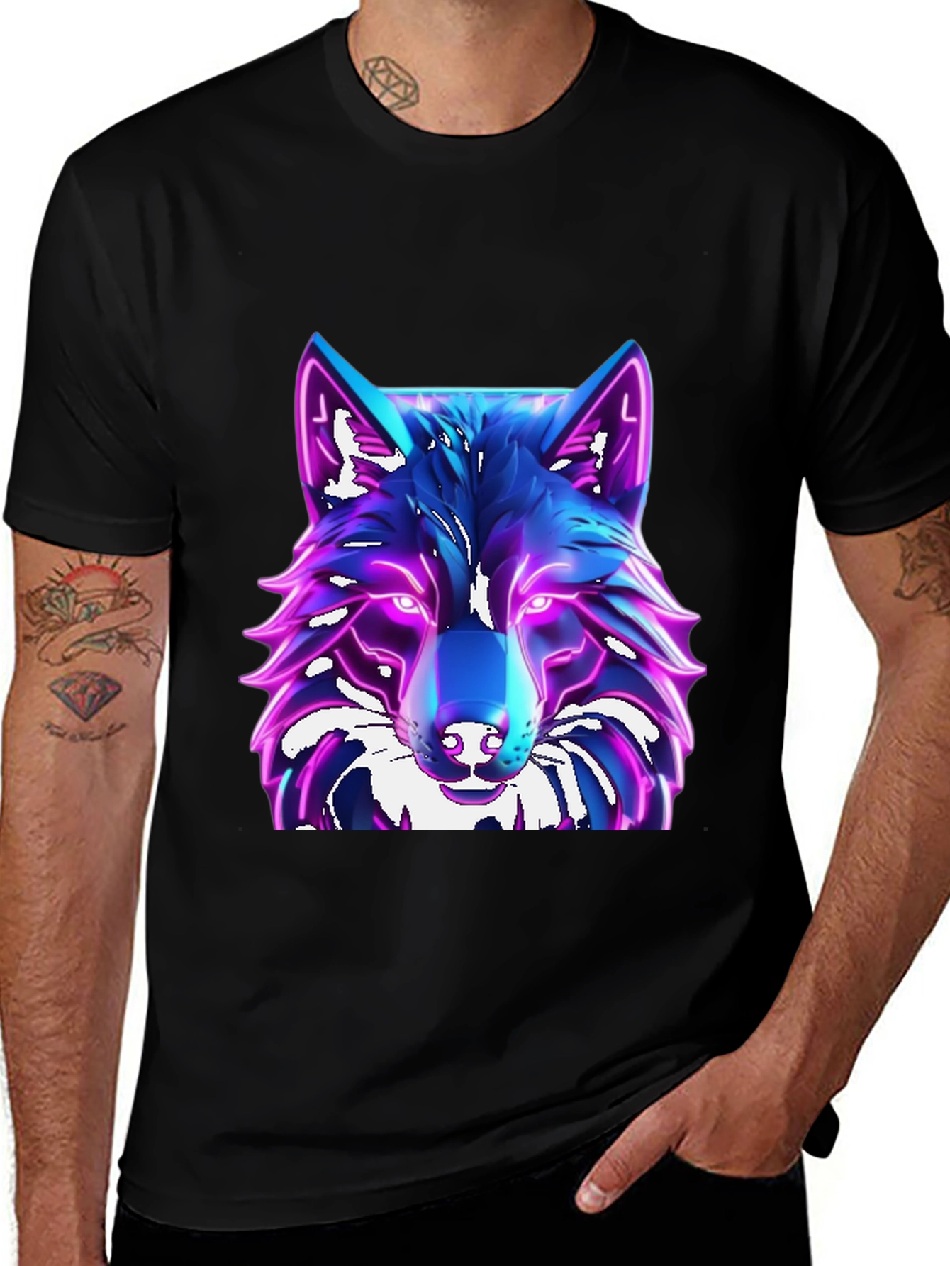 Camiseta Negra con Diseño de Lobo Neón
