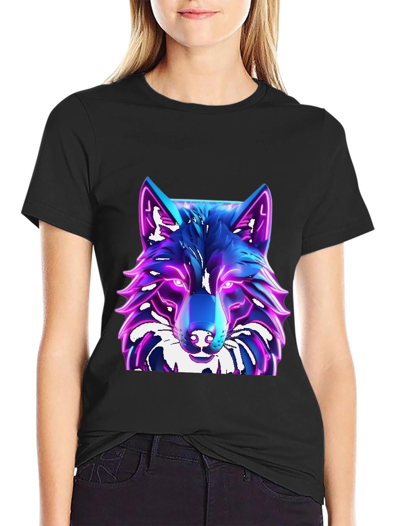 Camiseta Negra con Diseño de Lobo Neón