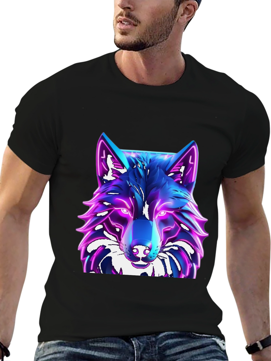Camiseta Negra con Diseño de Lobo Neón