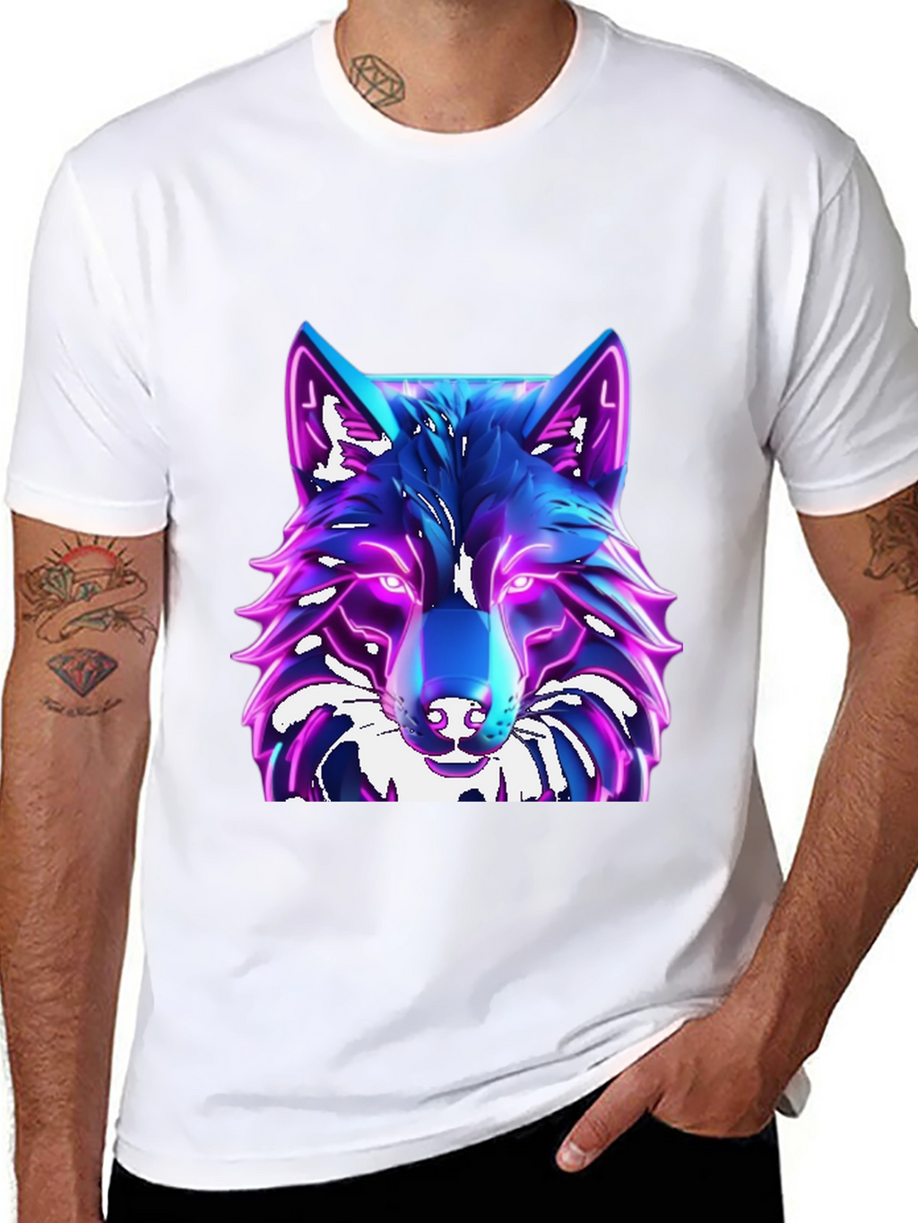 Camiseta Negra con Diseño de Lobo Neón