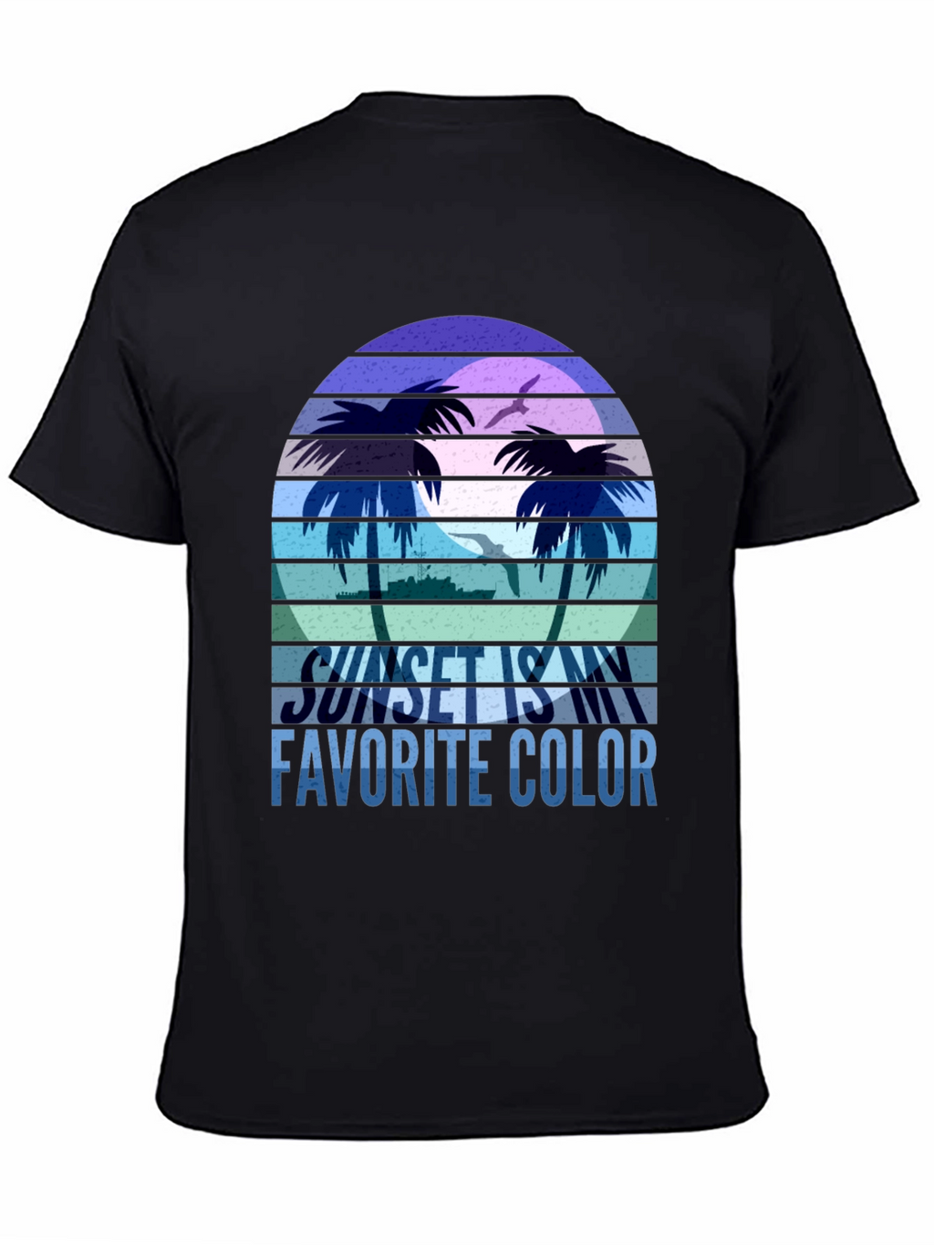 Camiseta Negra con Diseño de Atardecer Tropical