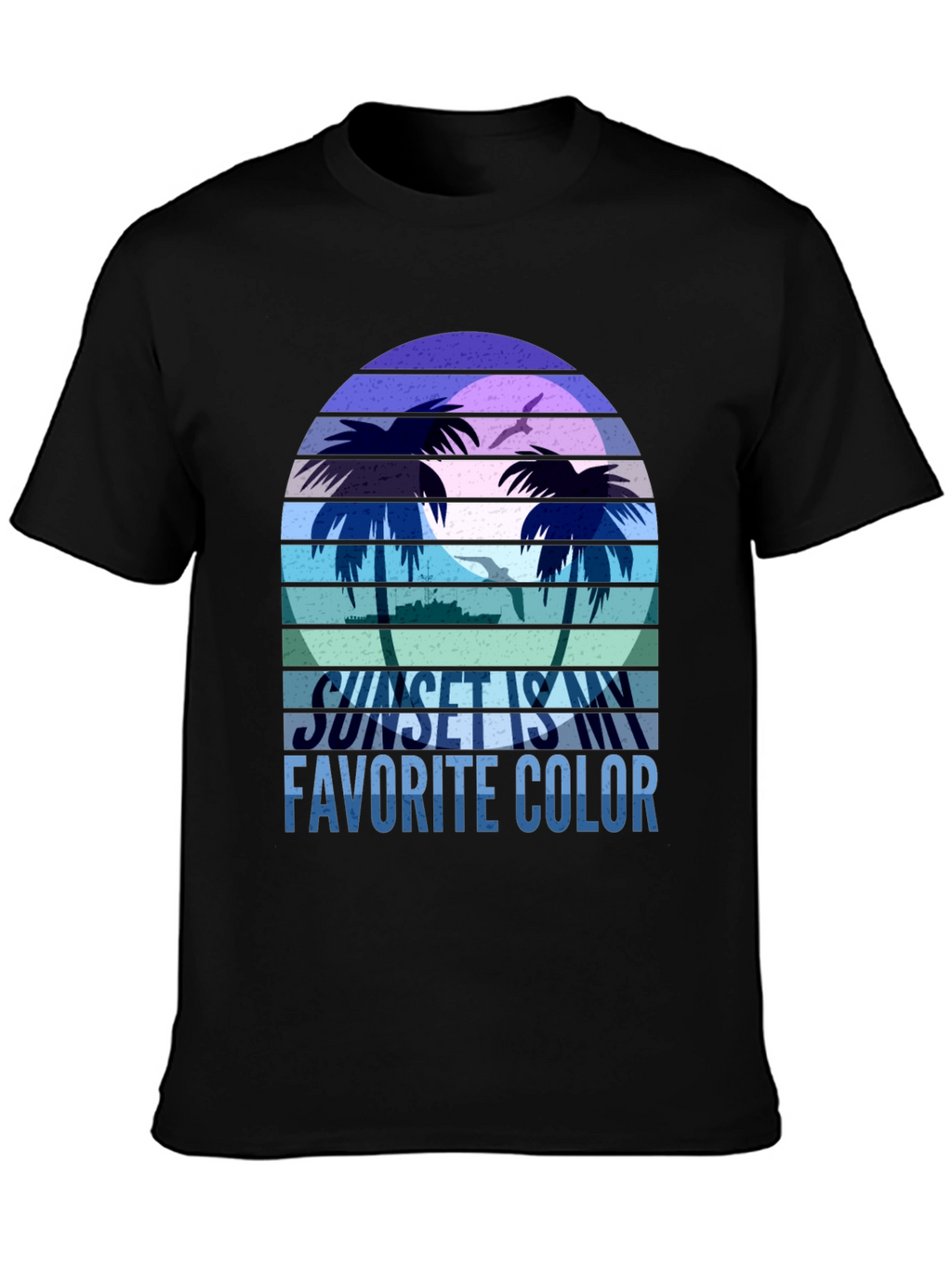 Camiseta Negra con Diseño de Atardecer Tropical