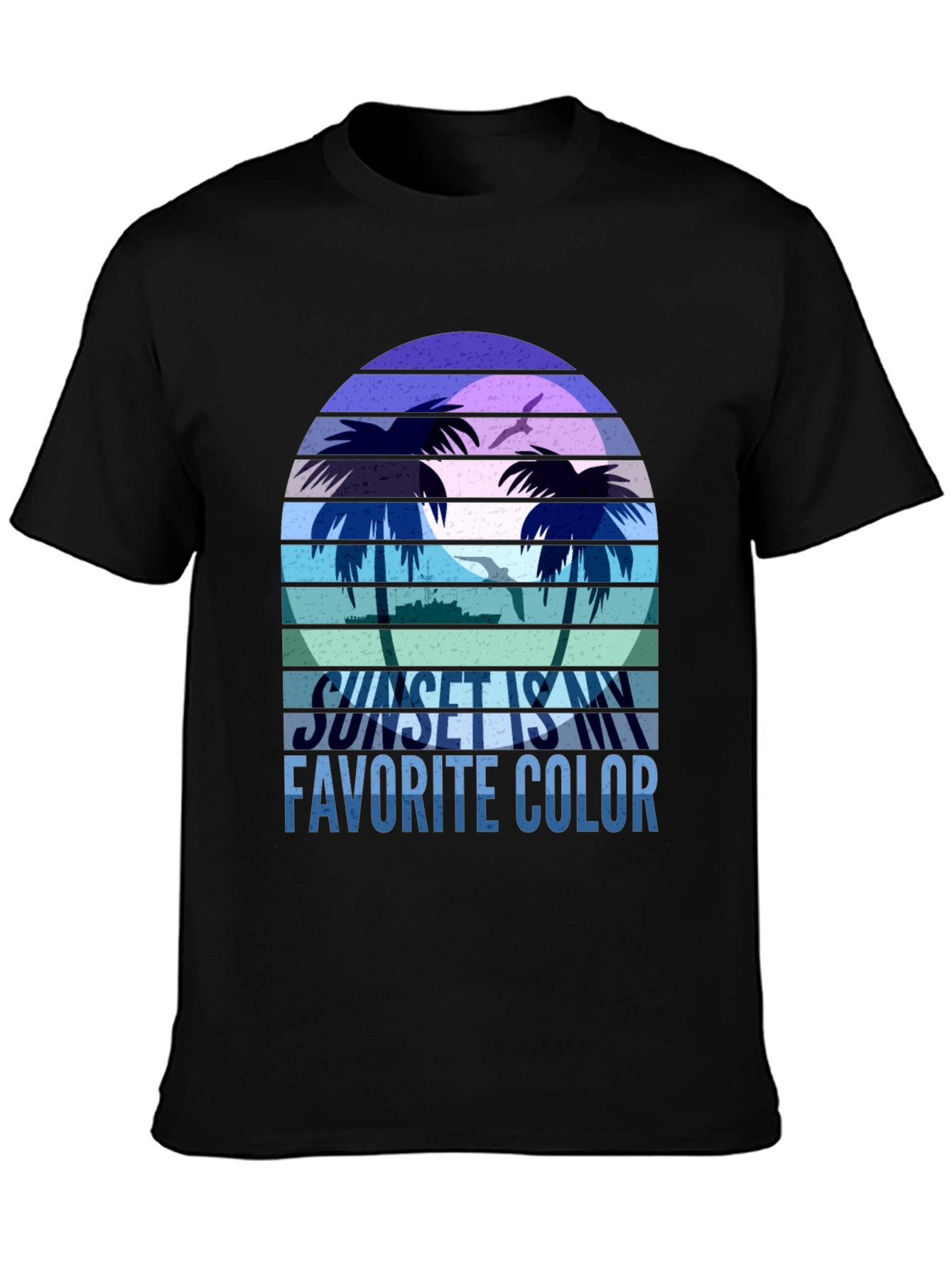 Camiseta Negra con Diseño de Atardecer Tropical
