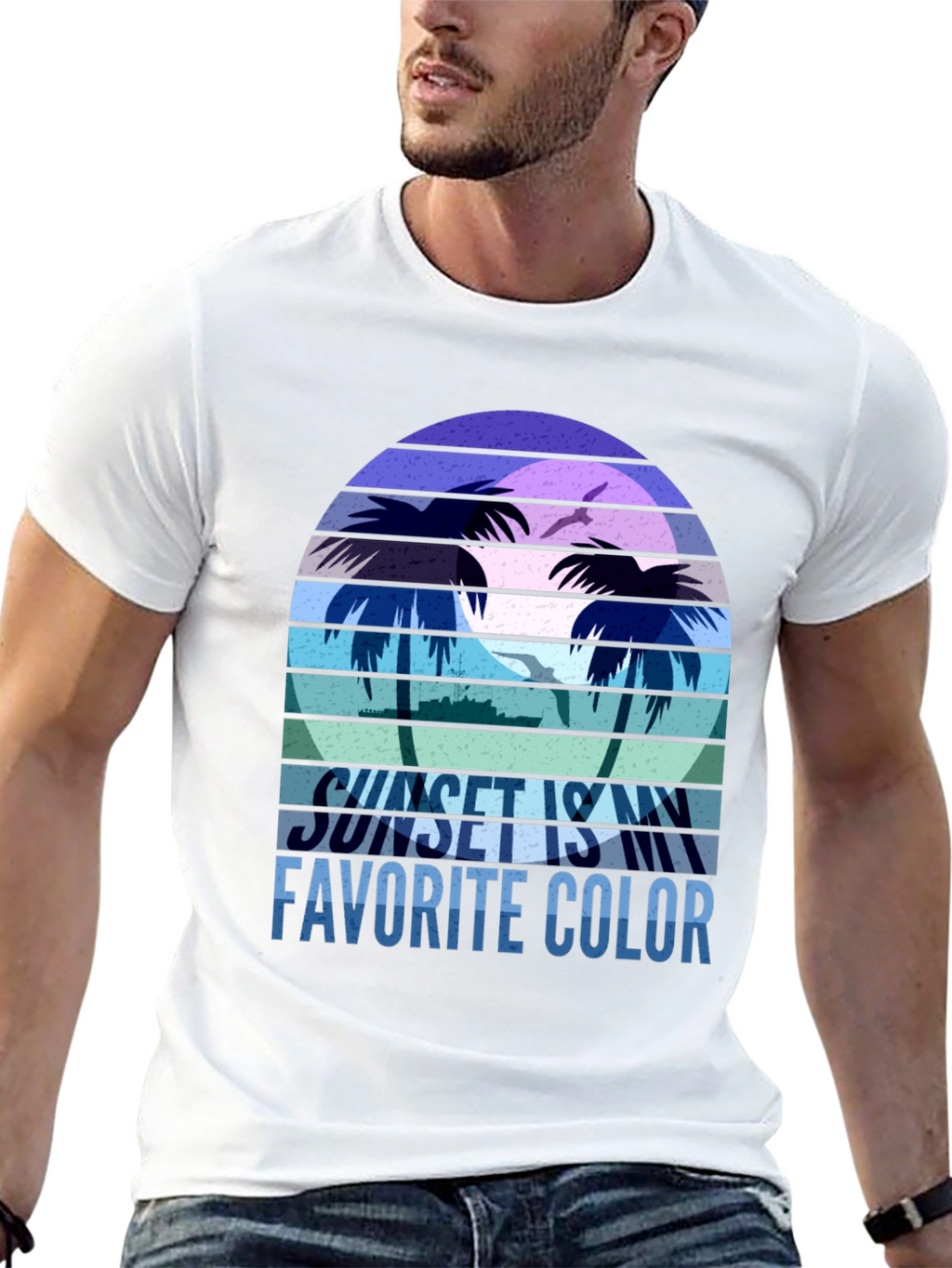 Camiseta Negra con Diseño de Atardecer Tropical