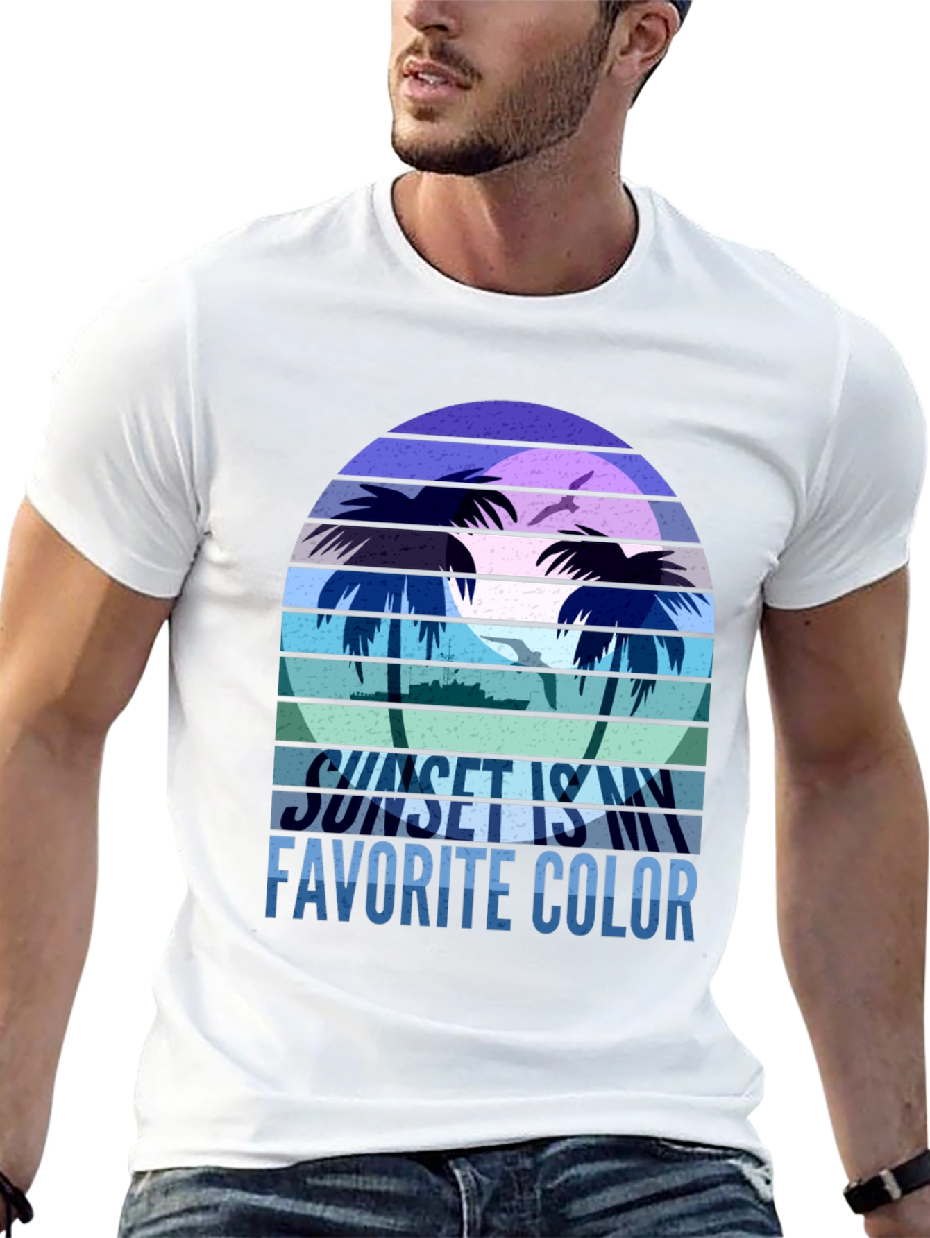 Camiseta Negra con Diseño de Atardecer Tropical