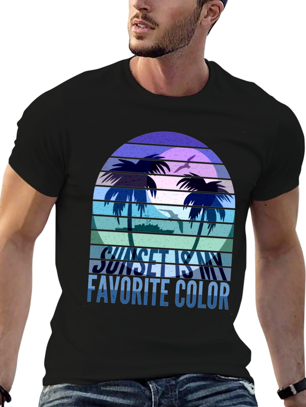 Camiseta Negra con Diseño de Atardecer Tropical