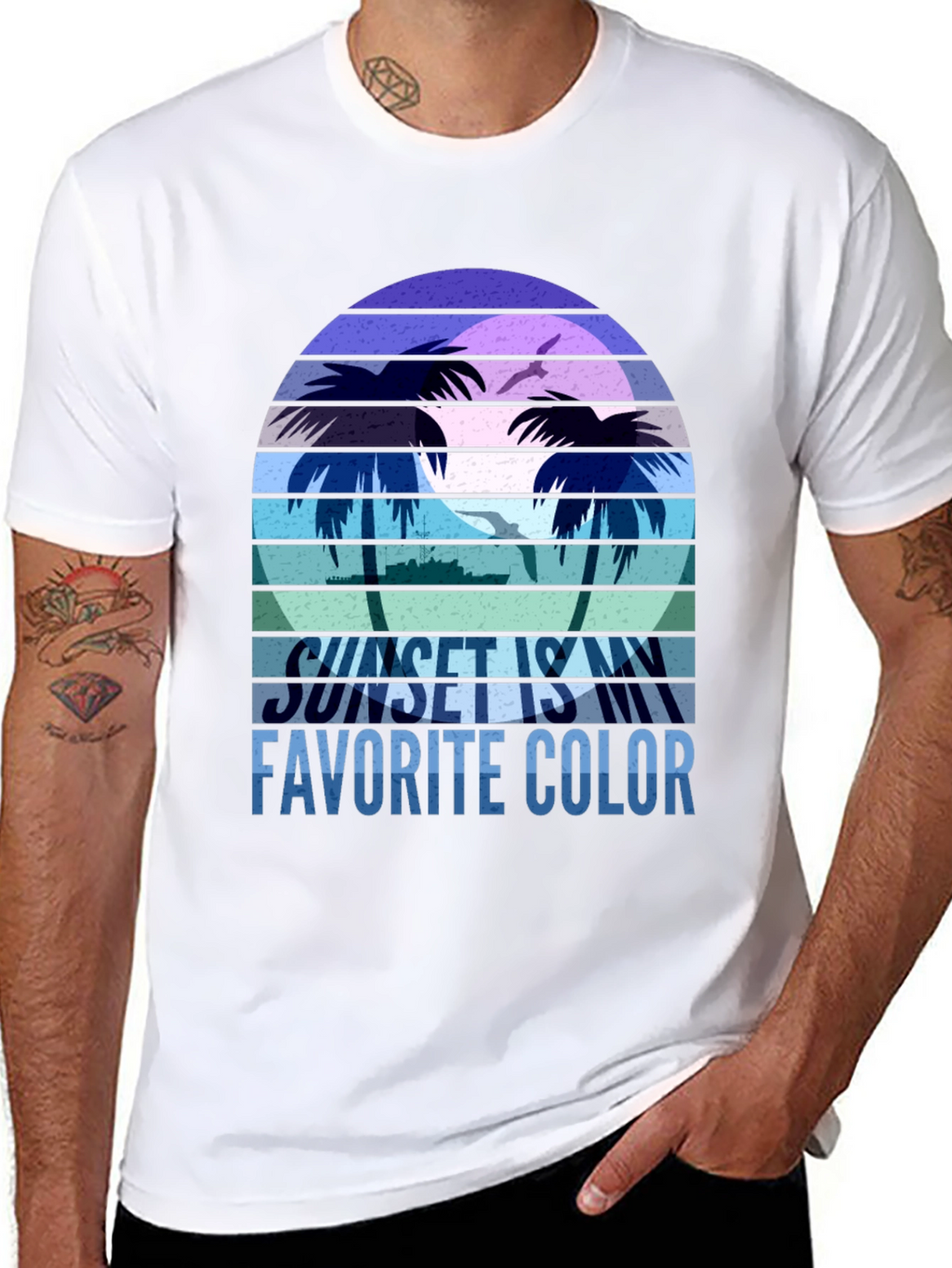 Camiseta Negra con Diseño de Atardecer Tropical