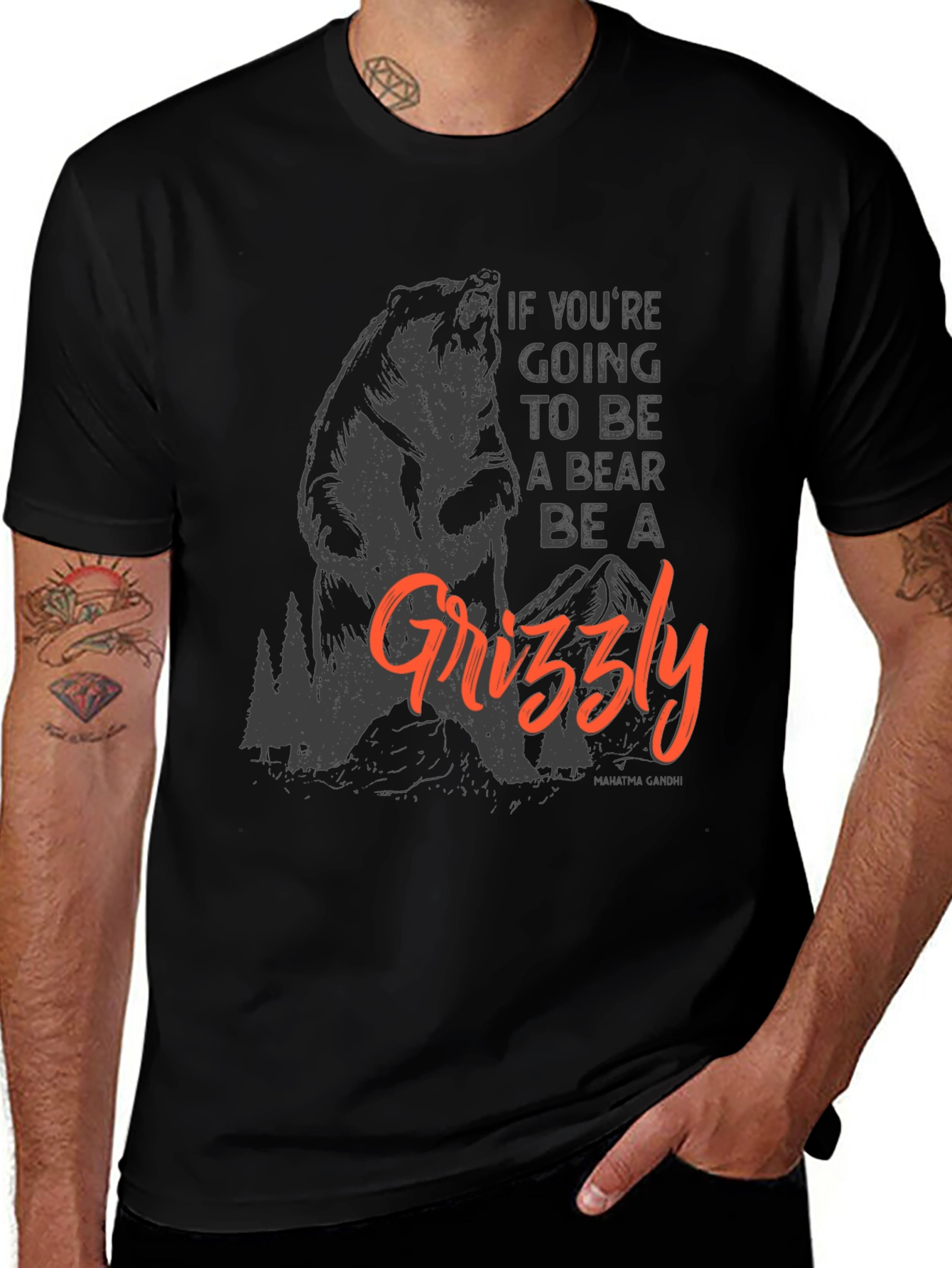 Camiseta Negra con Diseño de Oso Grizzly Motivacional