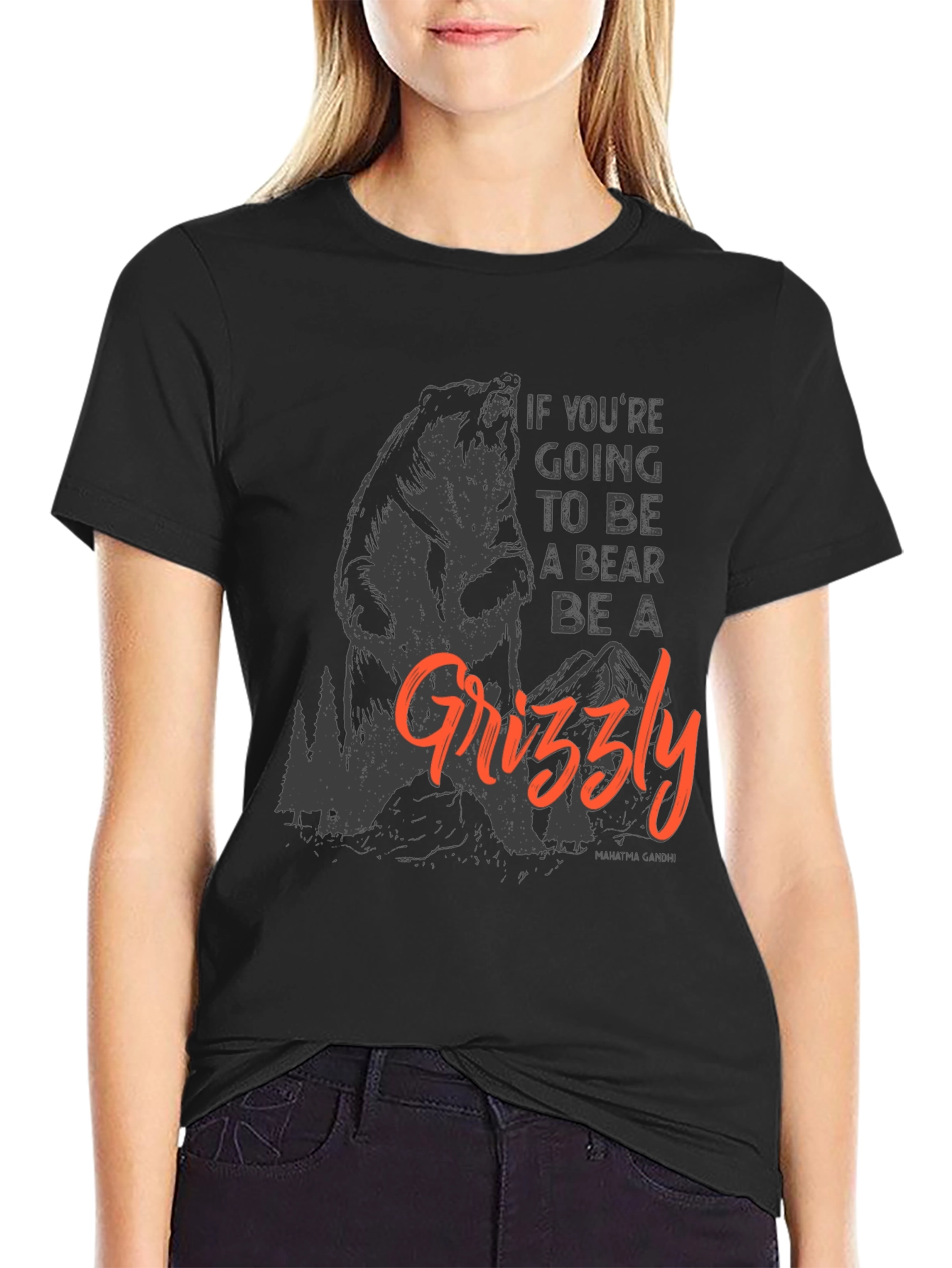 Camiseta Negra con Diseño de Oso Grizzly Motivacional