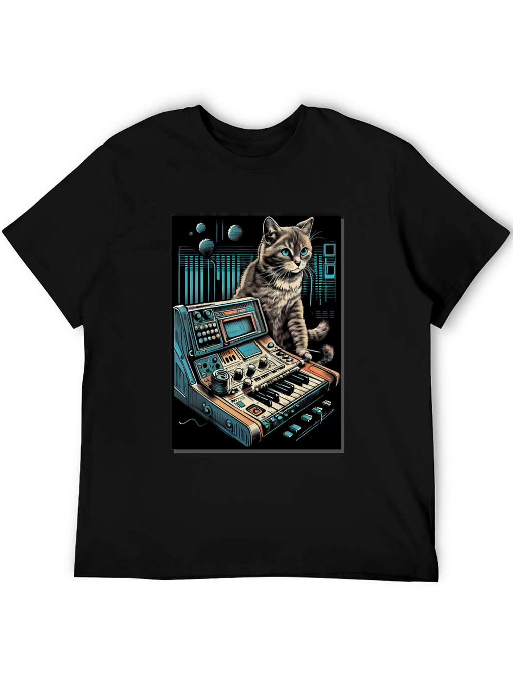 Camiseta Negra con Diseño de Gato Músico