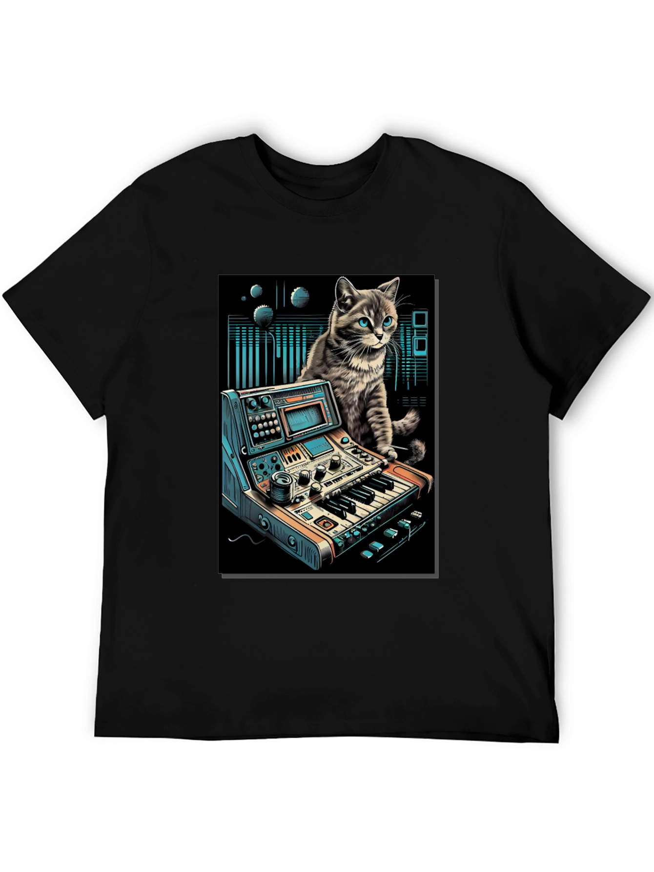 Camiseta Negra con Diseño de Gato Músico