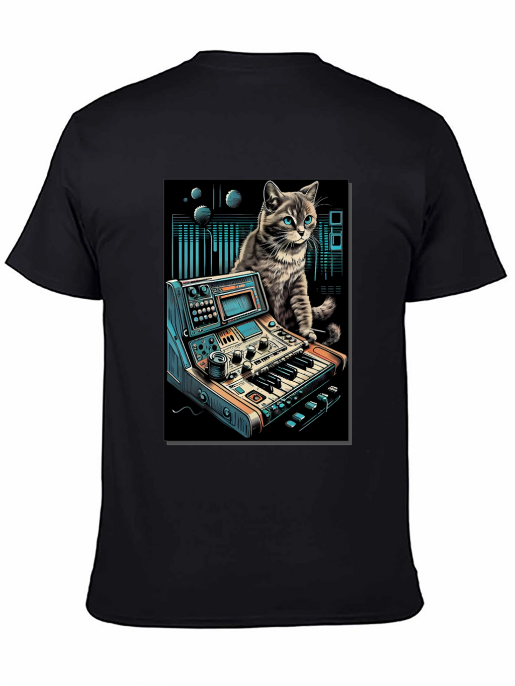Camiseta Negra con Diseño de Gato Músico