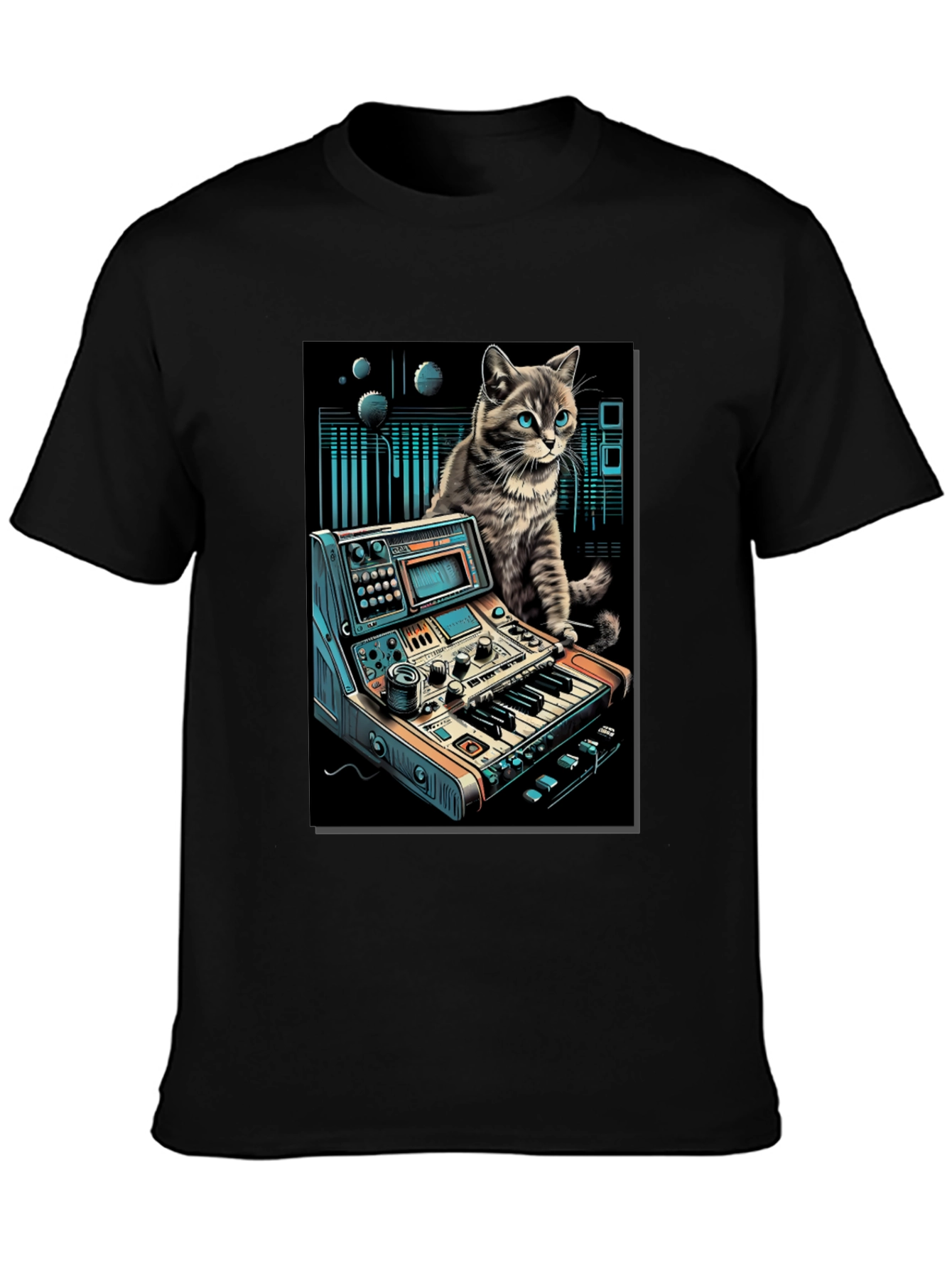 Camiseta Negra con Diseño de Gato Músico
