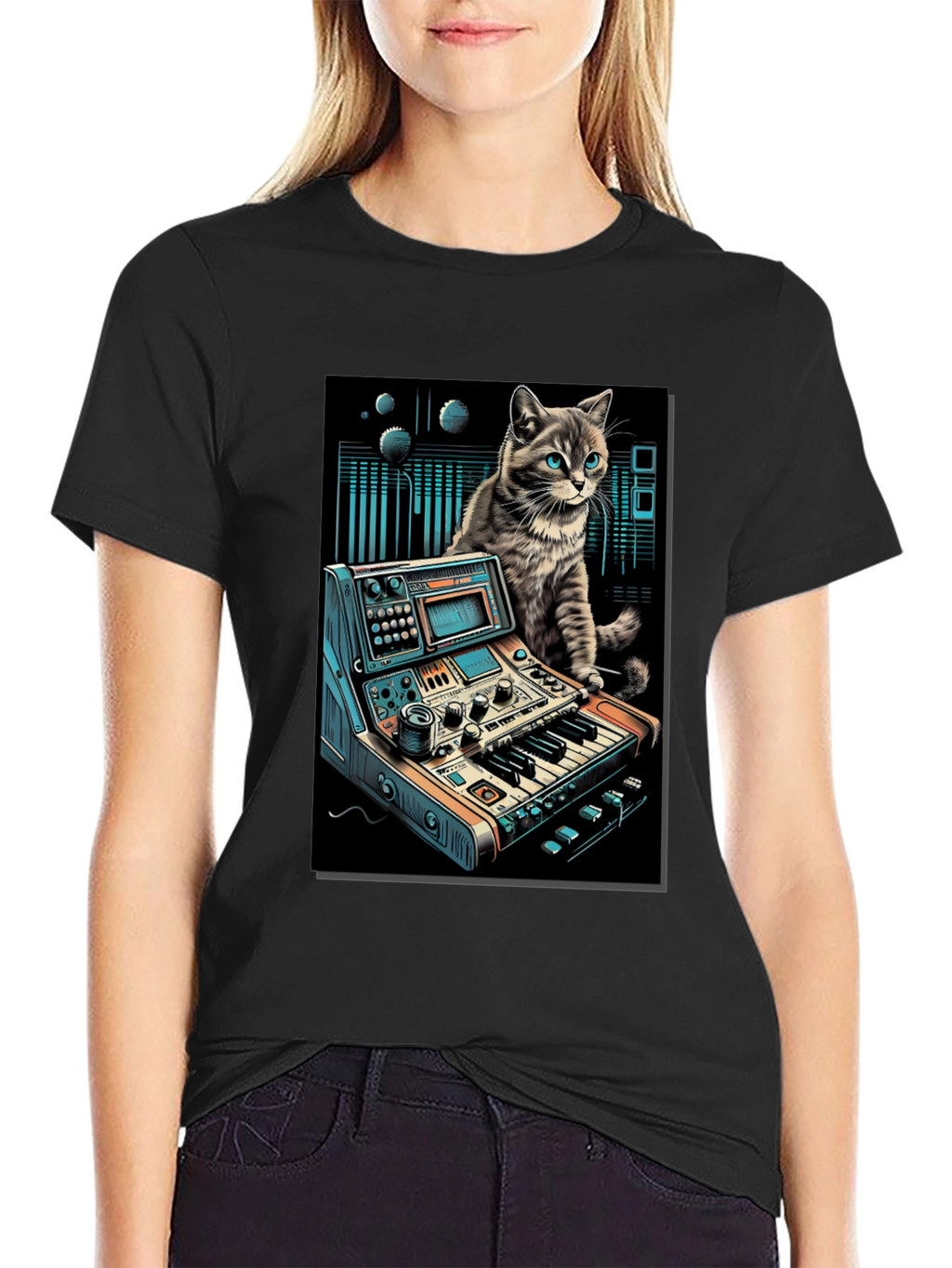 Camiseta Negra con Diseño de Gato Músico