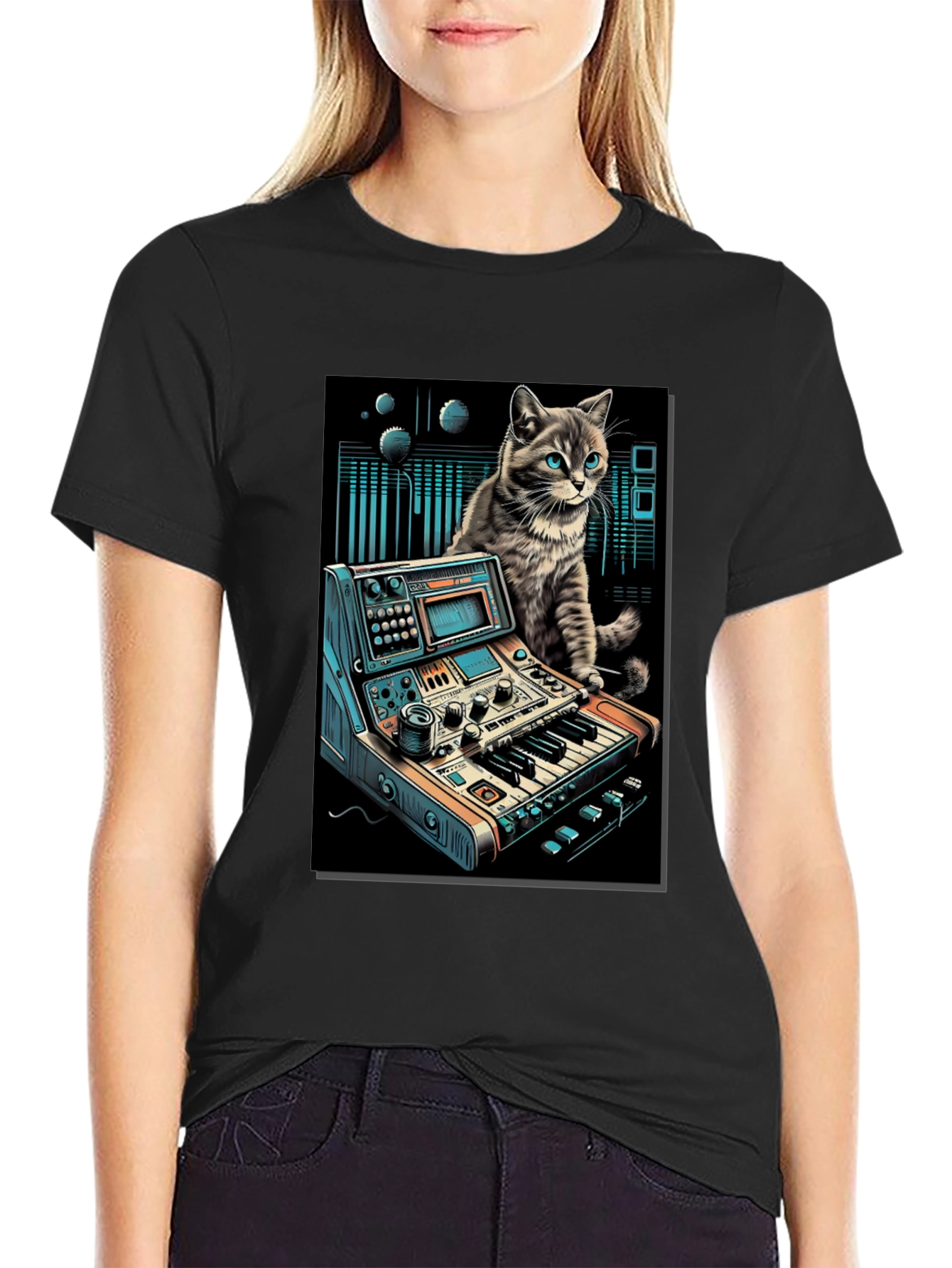 Camiseta Negra con Diseño de Gato Músico