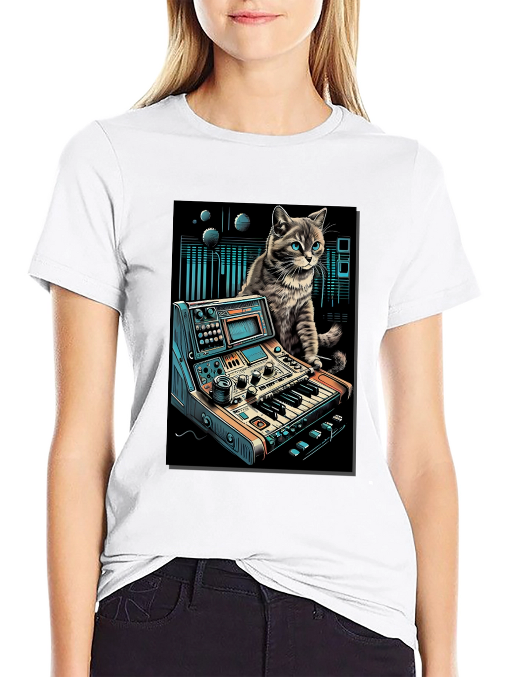 Camiseta Negra con Diseño de Gato Músico