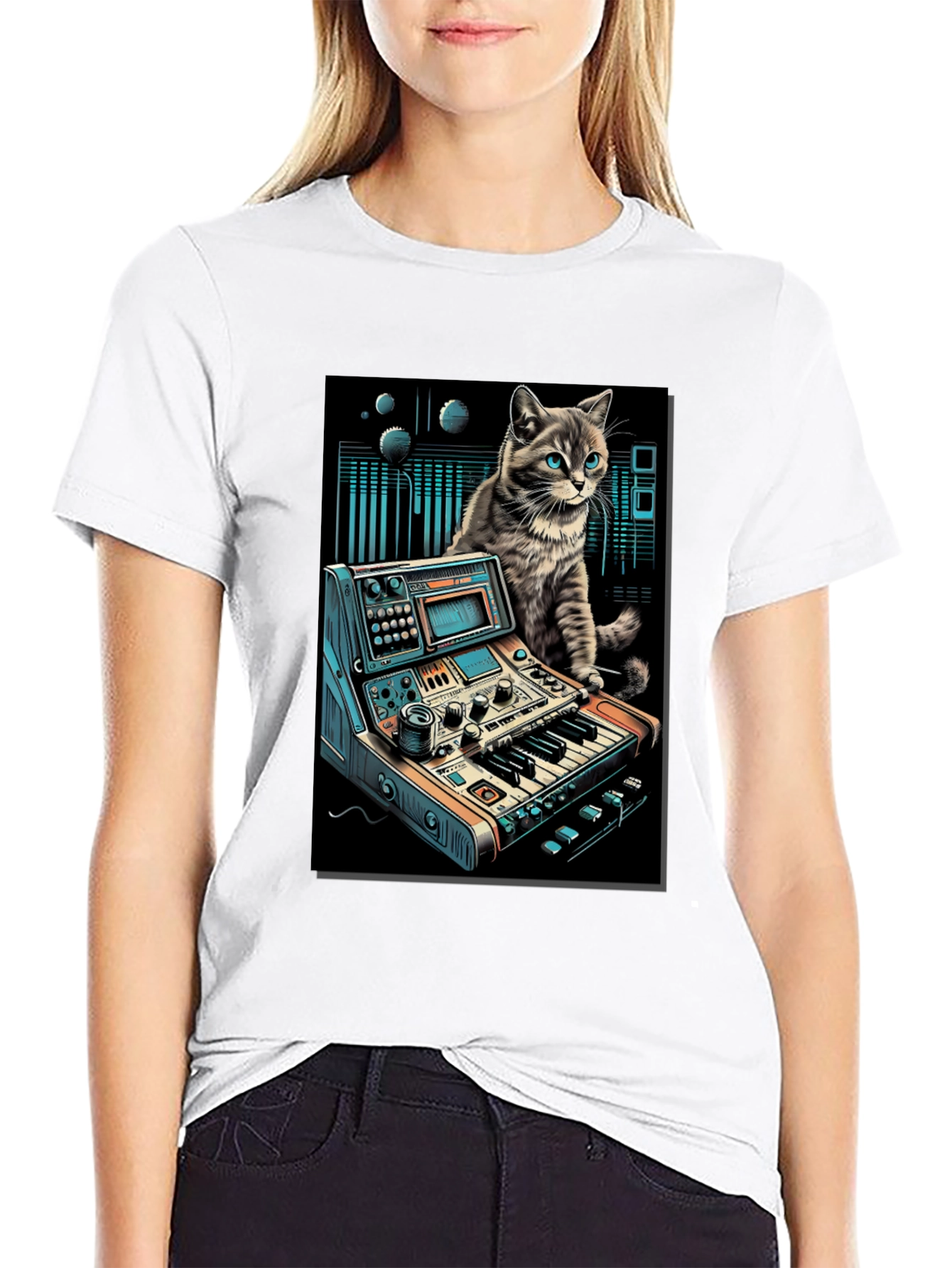 Camiseta Negra con Diseño de Gato Músico