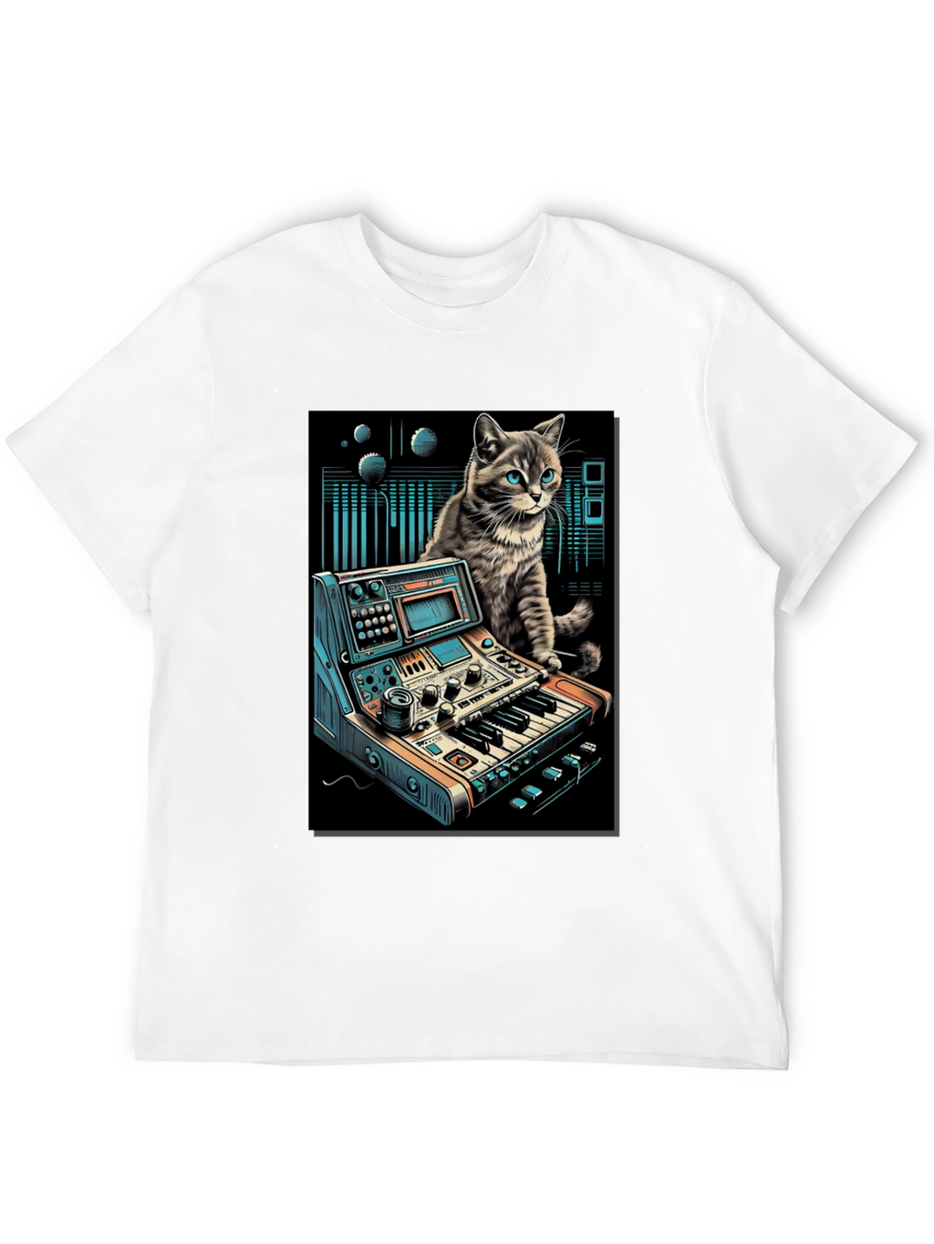 Camiseta Negra con Diseño de Gato Músico