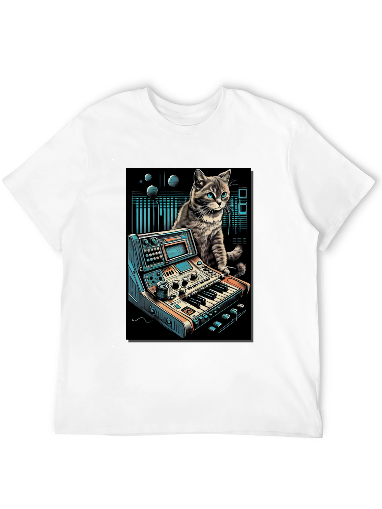 Camiseta Negra con Diseño de Gato Músico