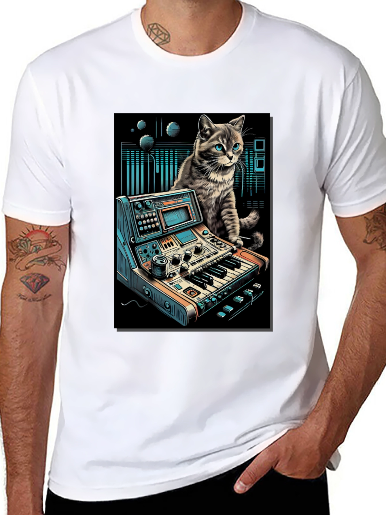 Camiseta Negra con Diseño de Gato Músico