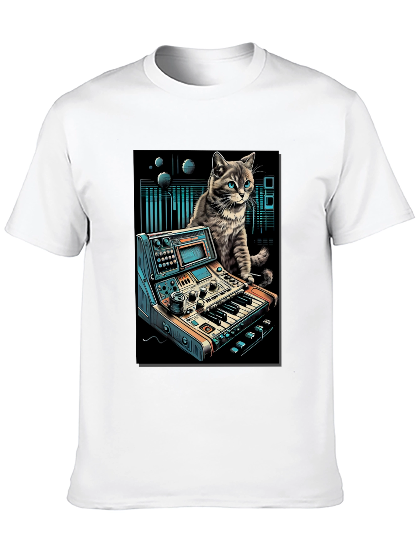 Camiseta Negra con Diseño de Gato Músico