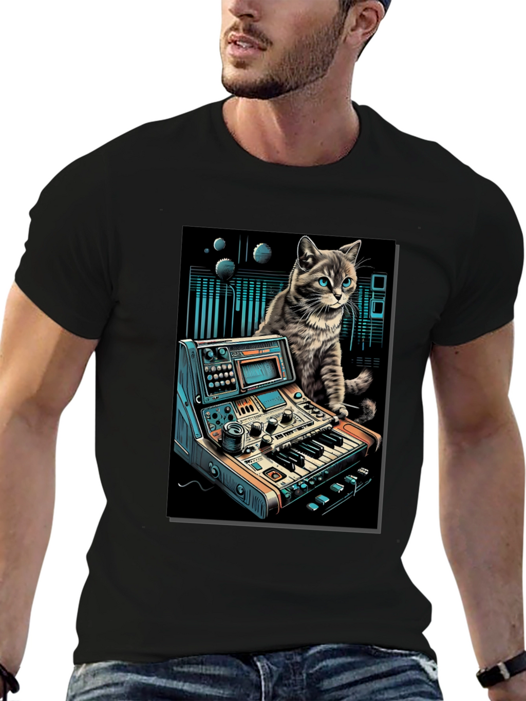 Camiseta Negra con Diseño de Gato Músico